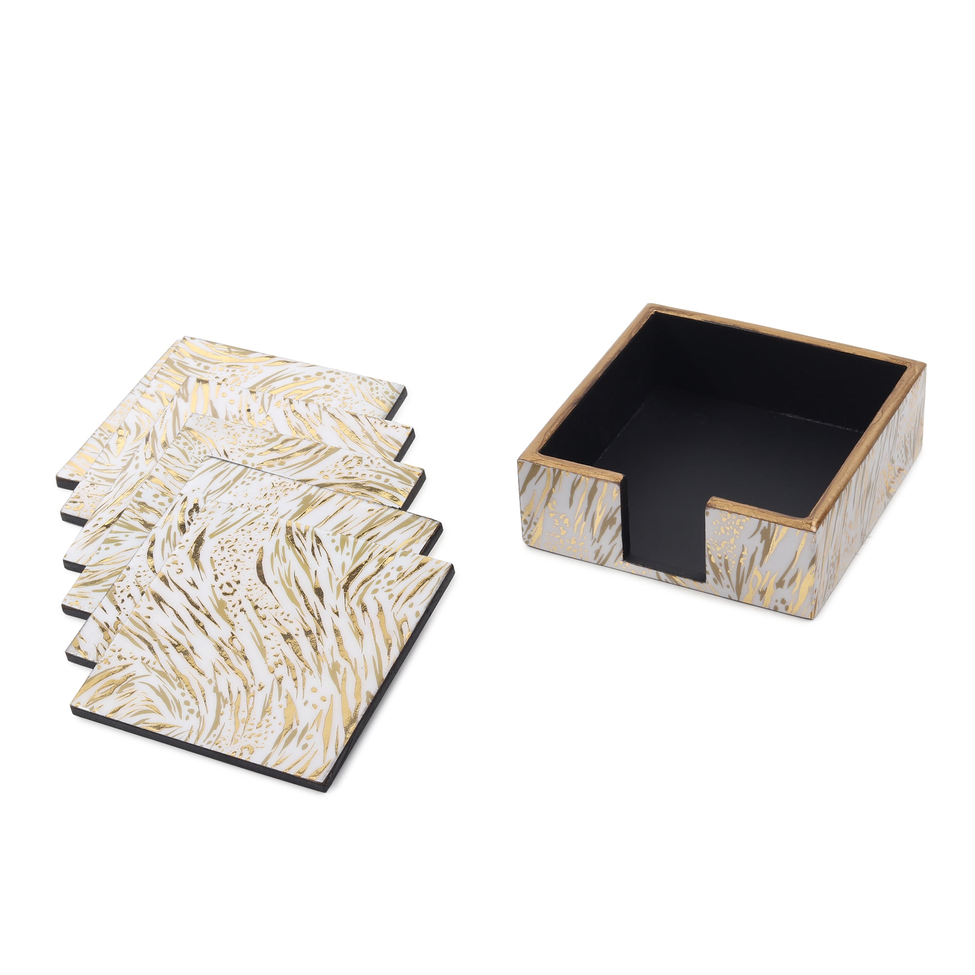 Zivra Gold Wooden Coaster with Stand (Set of 6)