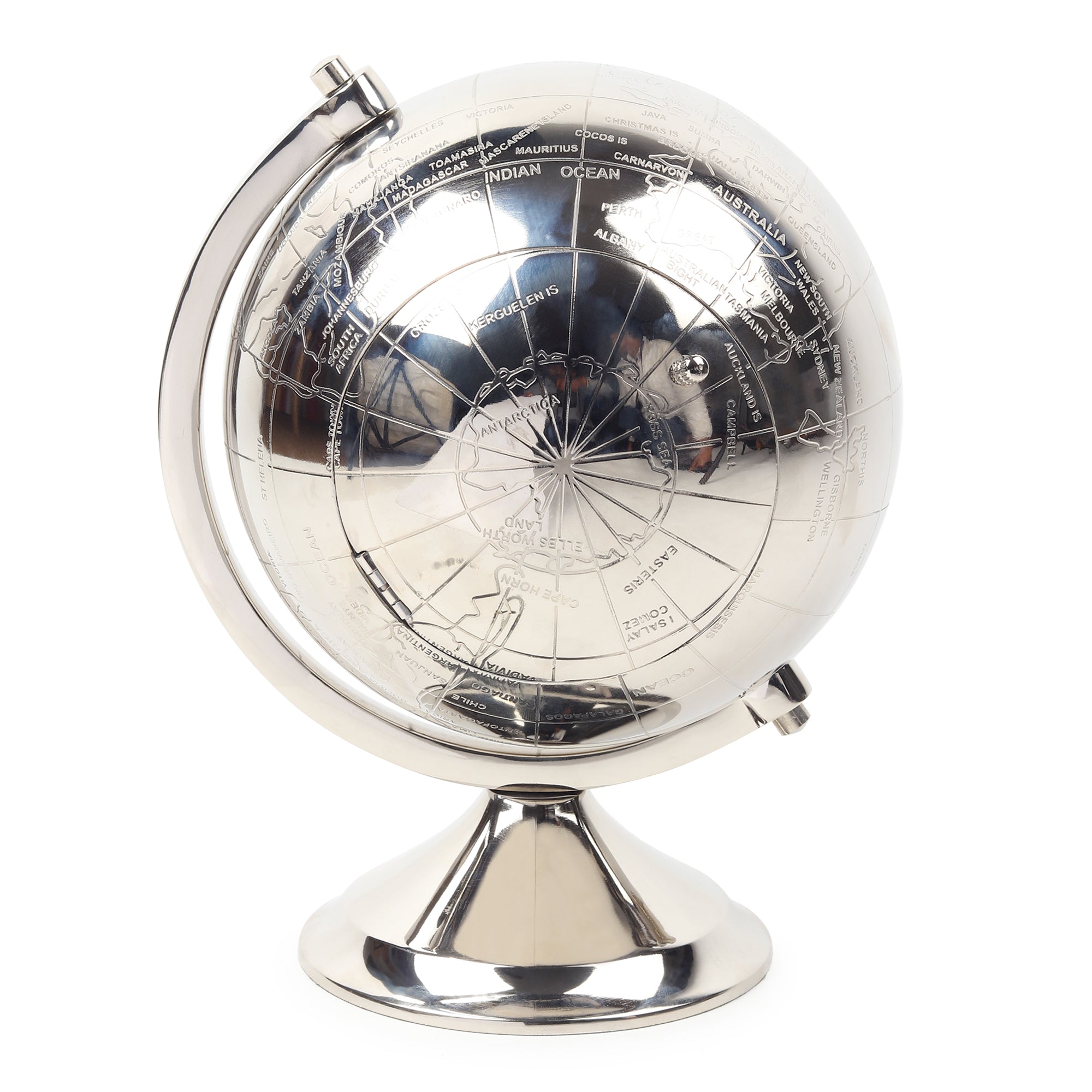 The Etched World Table Clock in Silver
