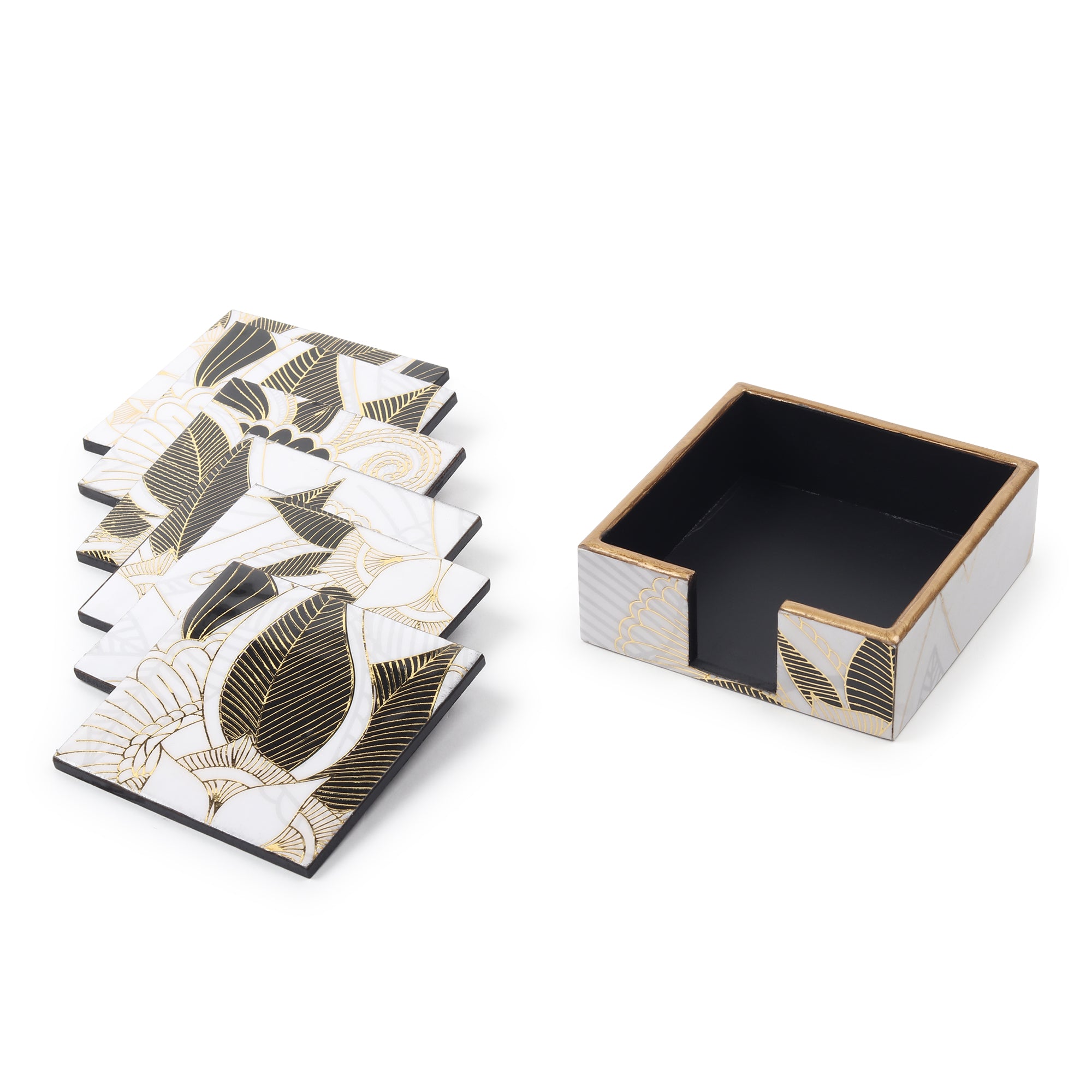 Ivory Noir Bloom Wooden Coaster with Stand (Set of 6)