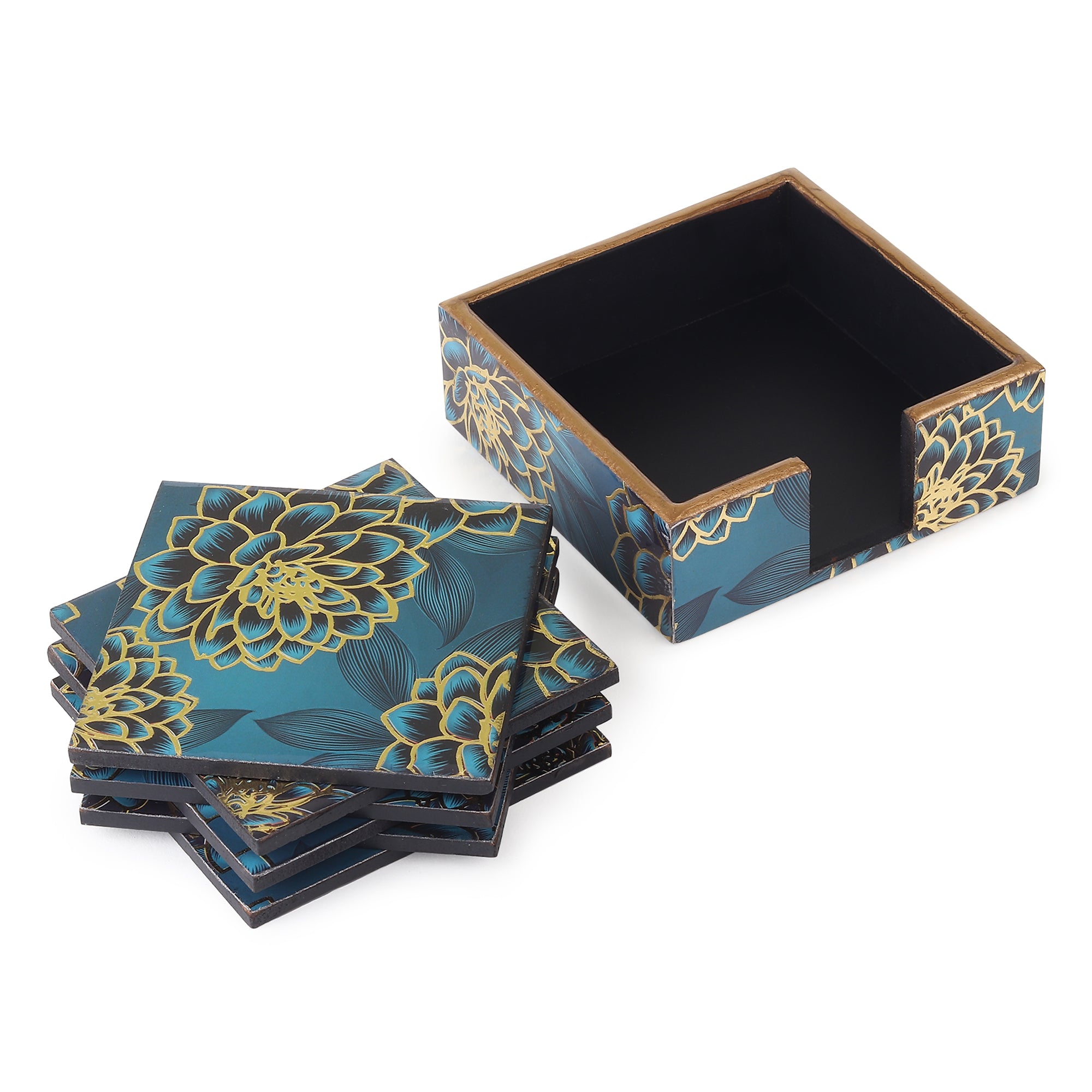 Sapphire Wreath Wooden Coaster with Stand (Set of 6)