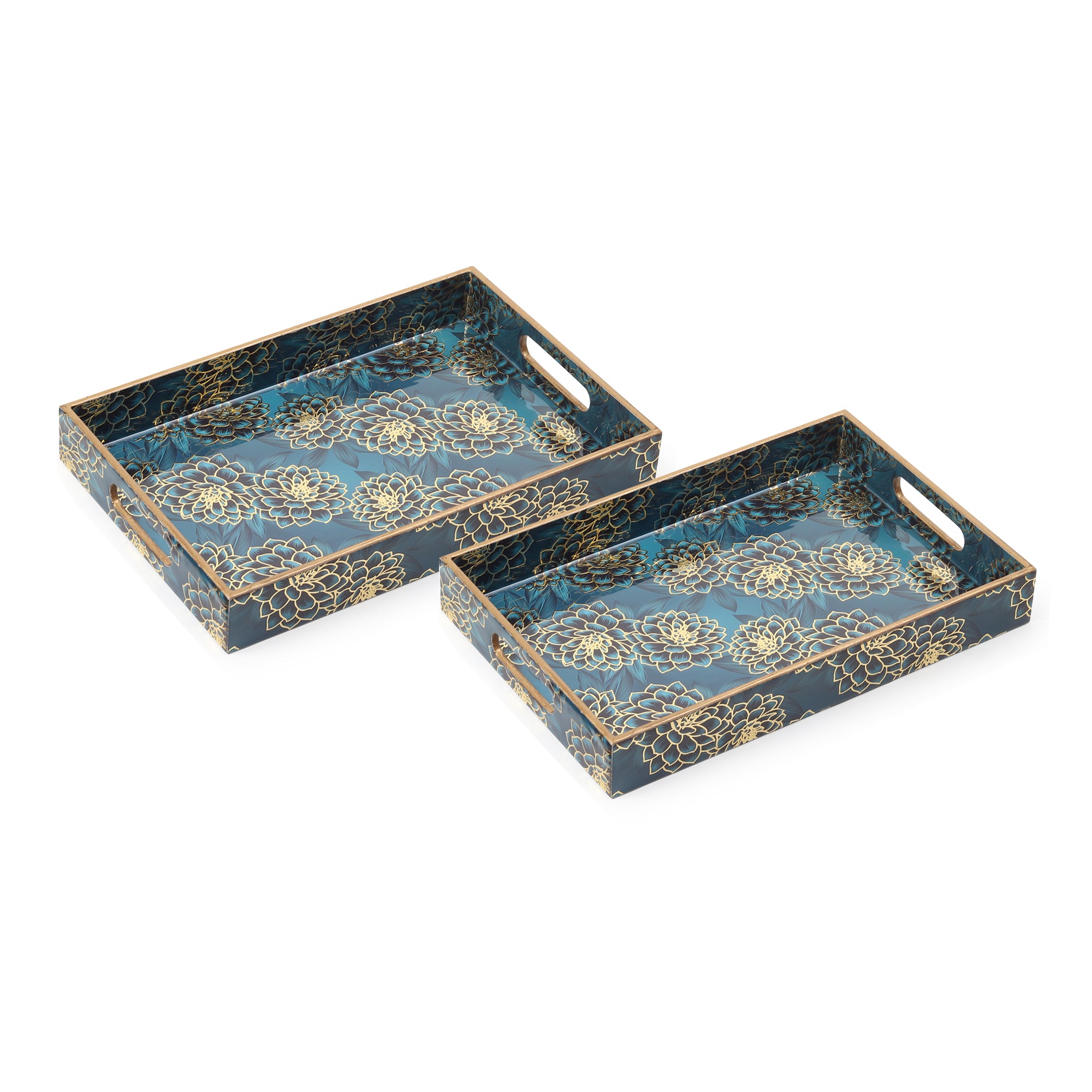 Ivory Noir Bloom Tray in Dark Blue Set of 2