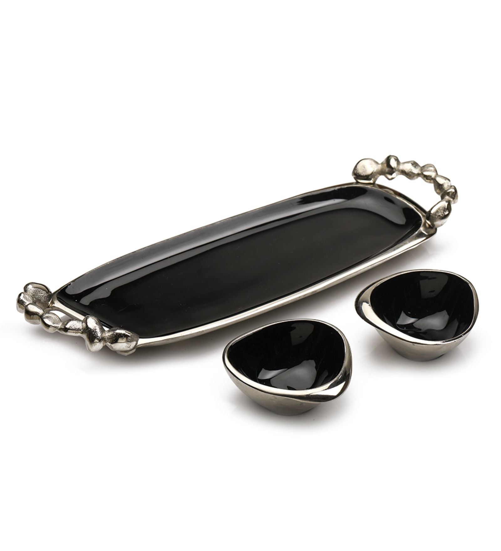 Stones Serving ware Jet Black enamle - Tray & Bowls Set Silver