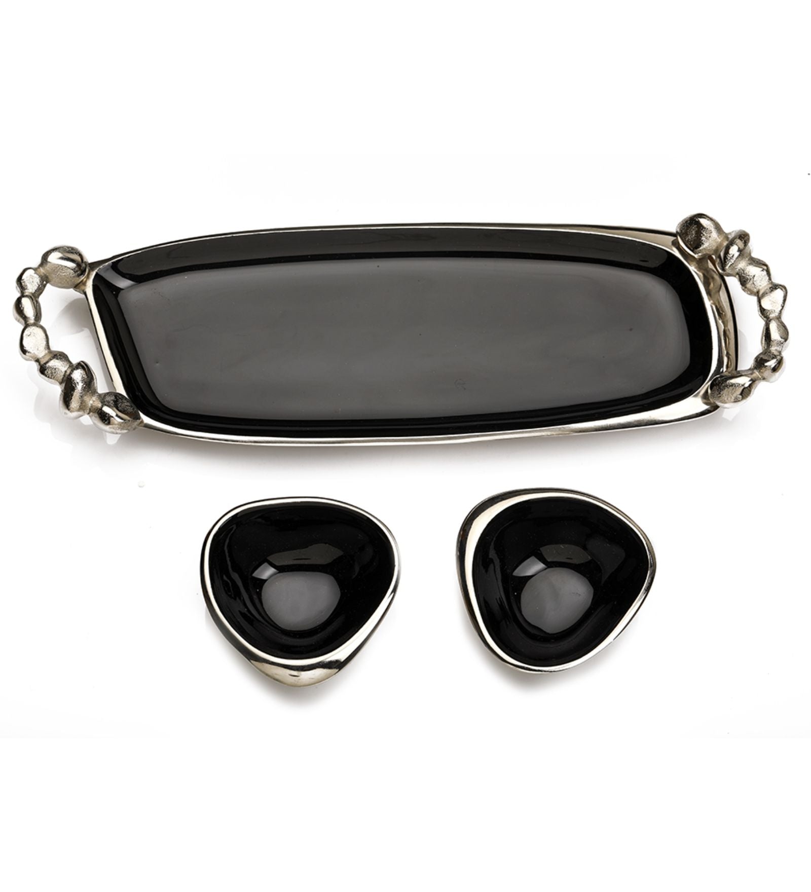 Stones Serving ware Jet Black enamle - Tray & Bowls Set Silver