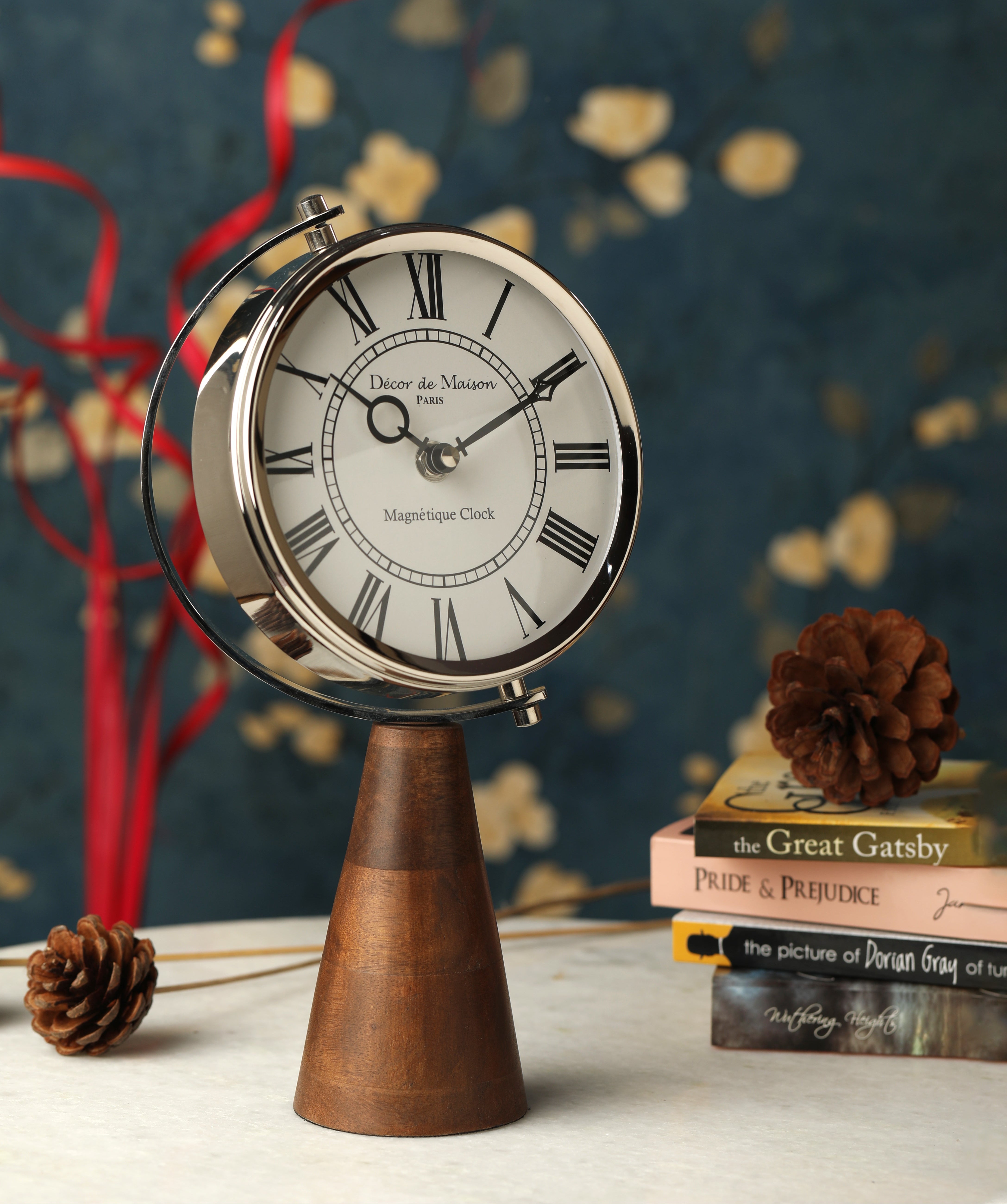 Brown Wood's Pedestal Clock in Reflective Silver