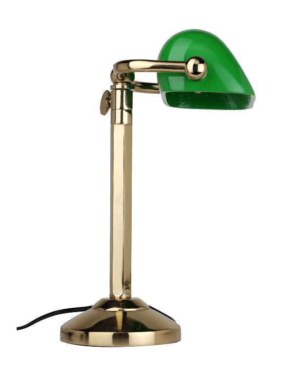 Desk lamp with green glass shade and gold metal base on a white background