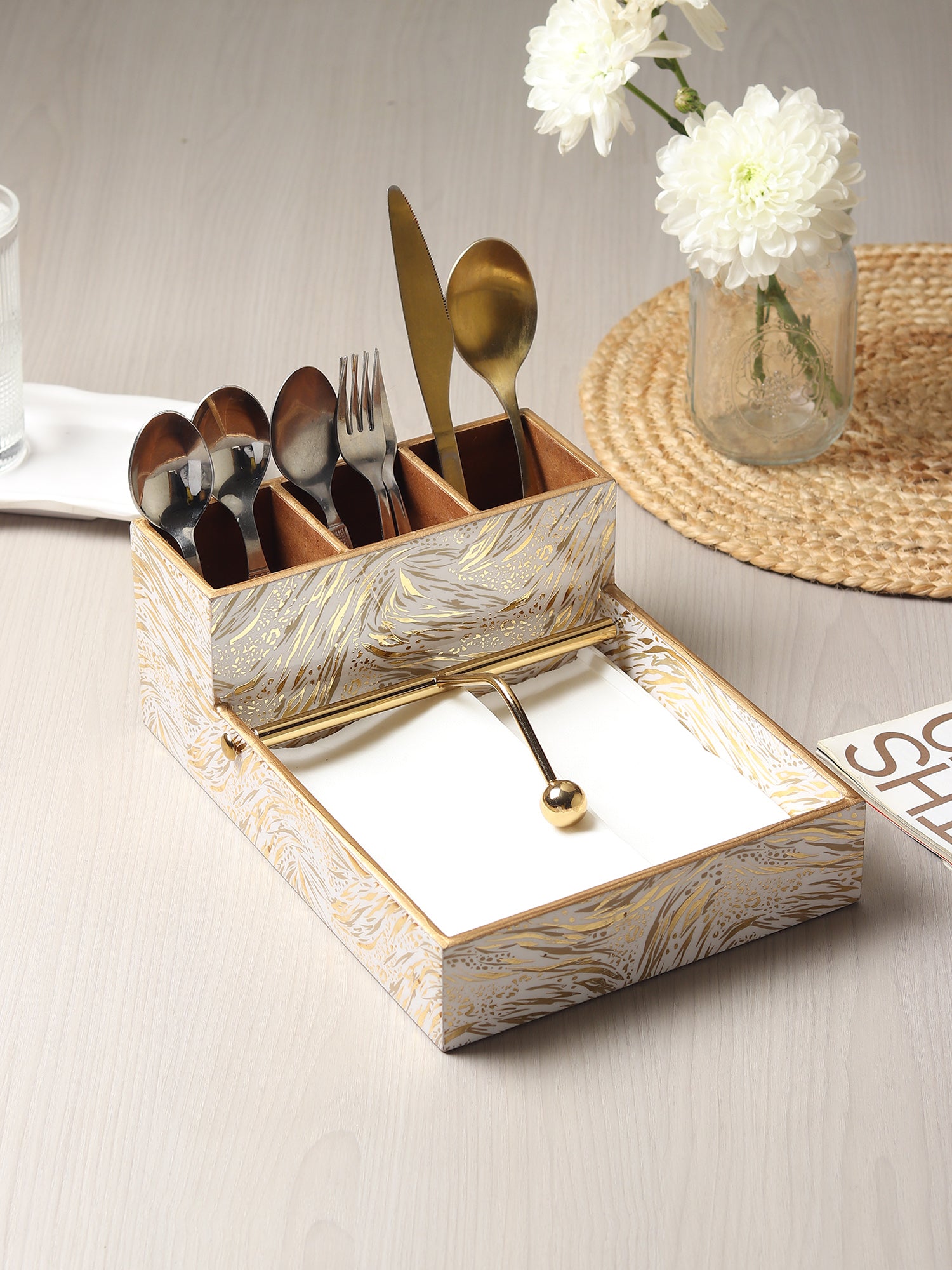 Zivra Gold Cutlery and Tissue Holder