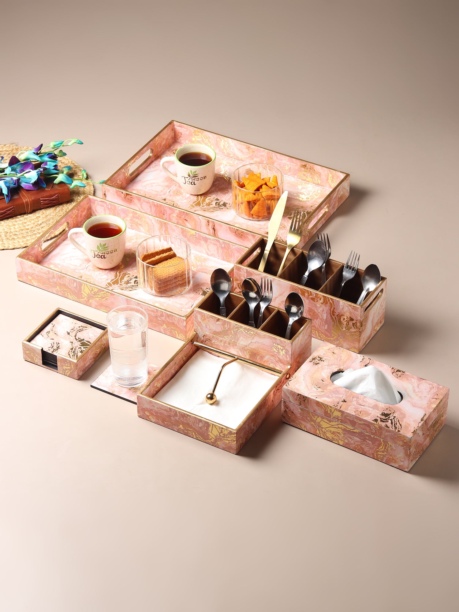 Rosa Perlino Wooden Coaster with Stand Set of 6