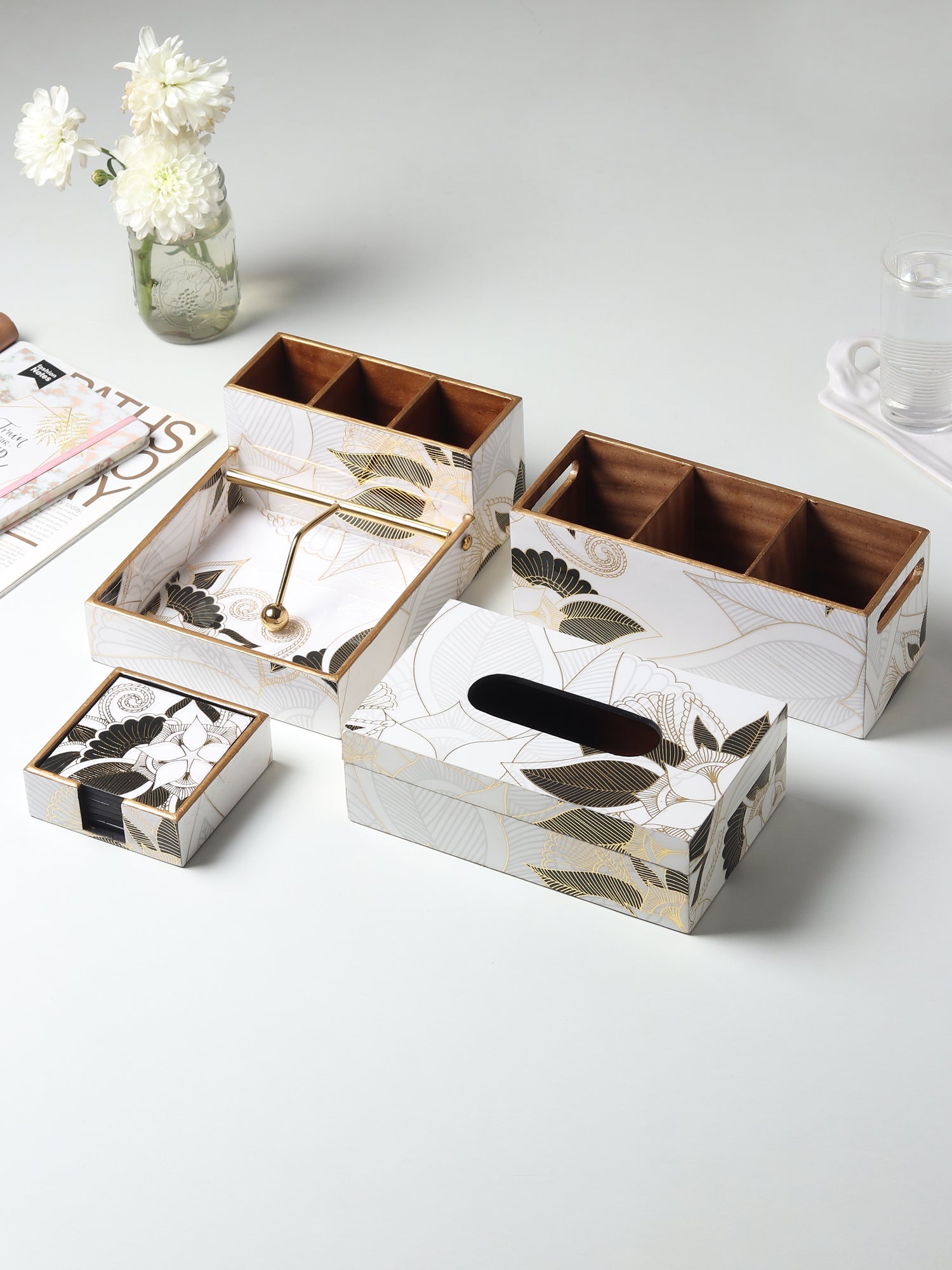 Ivory Noir Bloom Wooden Coaster with Stand (Set of 6)