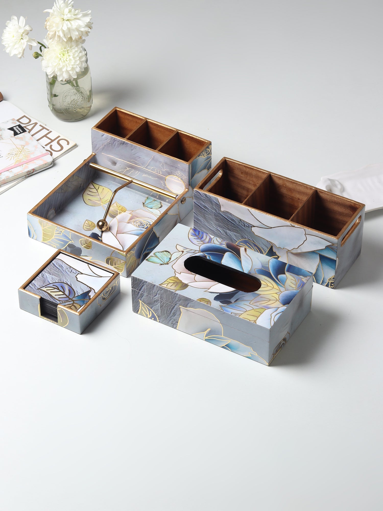 Azure Whisper Wooden Coaster with Stand (Set of 6)