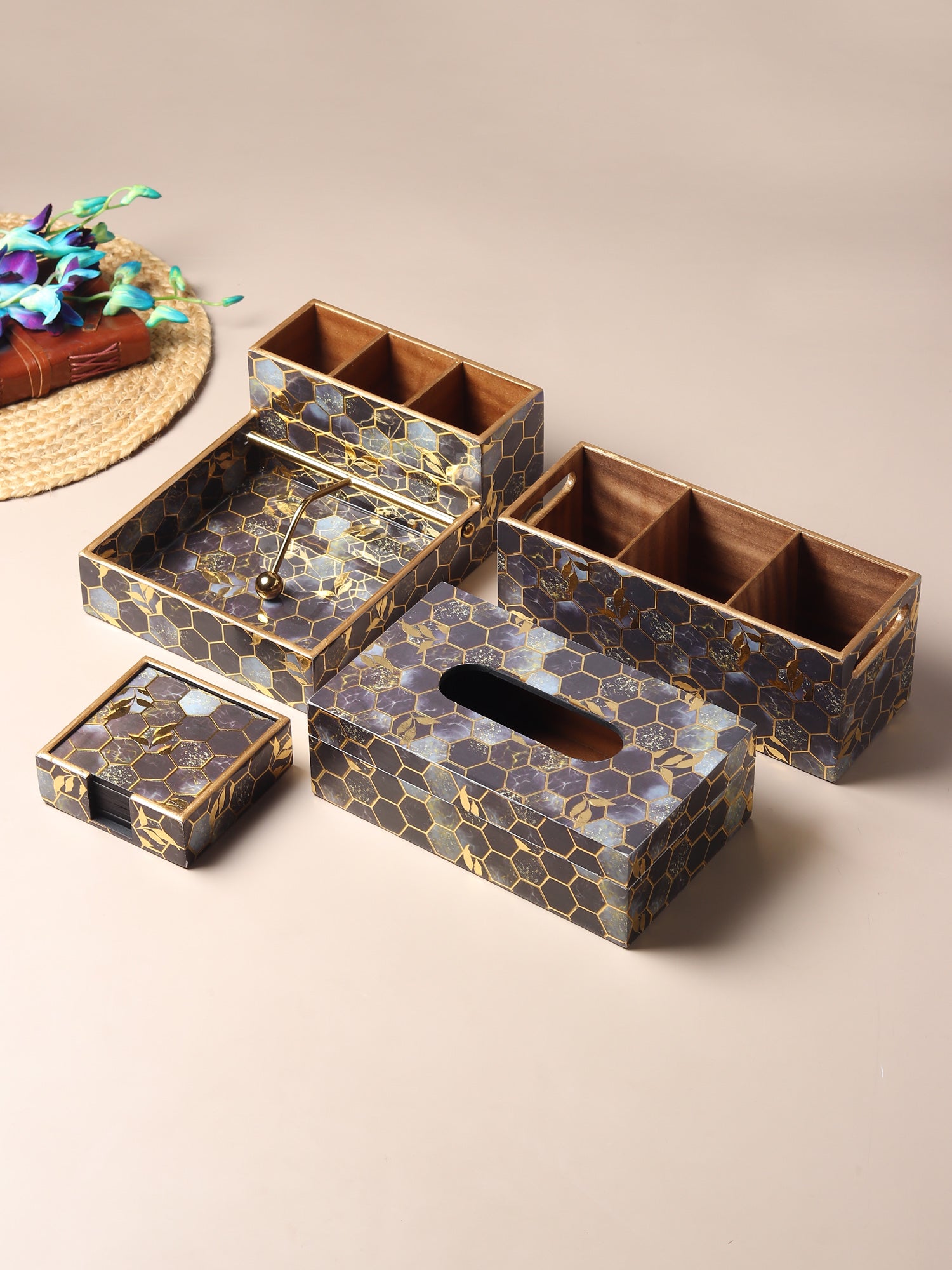 Gilded Hive Wooden Coaster with Stand Set of 6