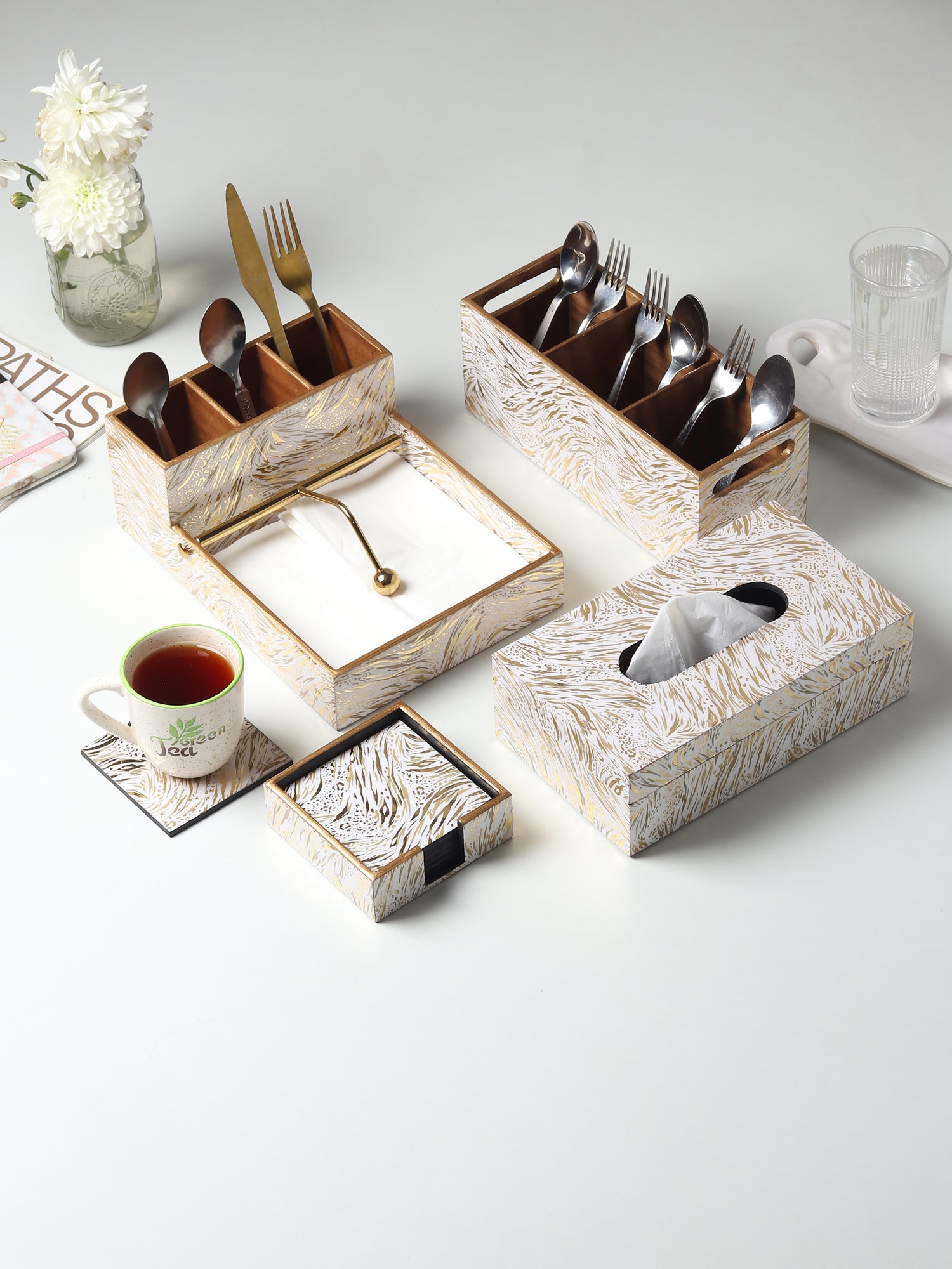 Zivra Gold Wooden Coaster with Stand (Set of 6)