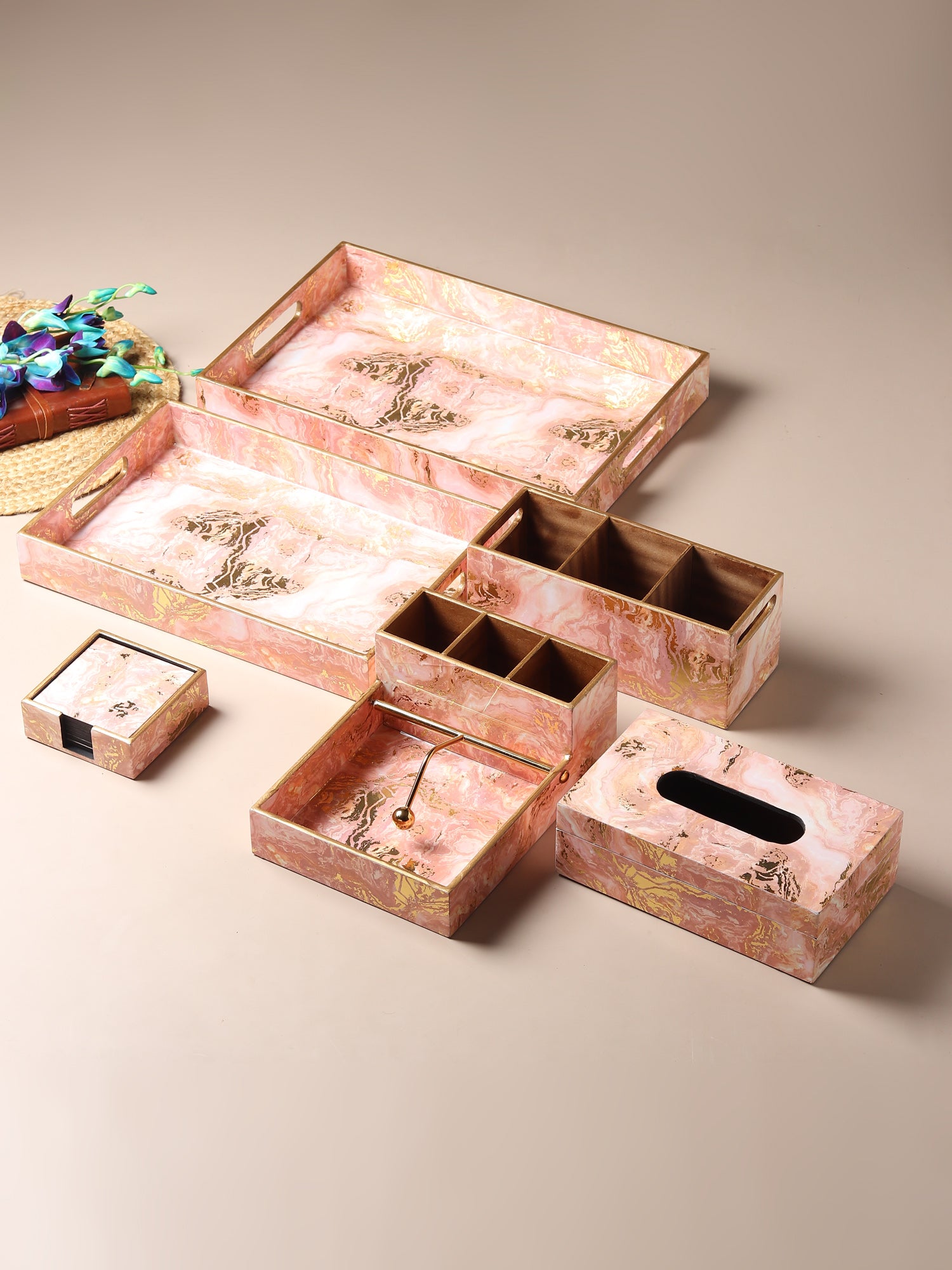 Rosa Perlino Wooden Coaster with Stand Set of 6