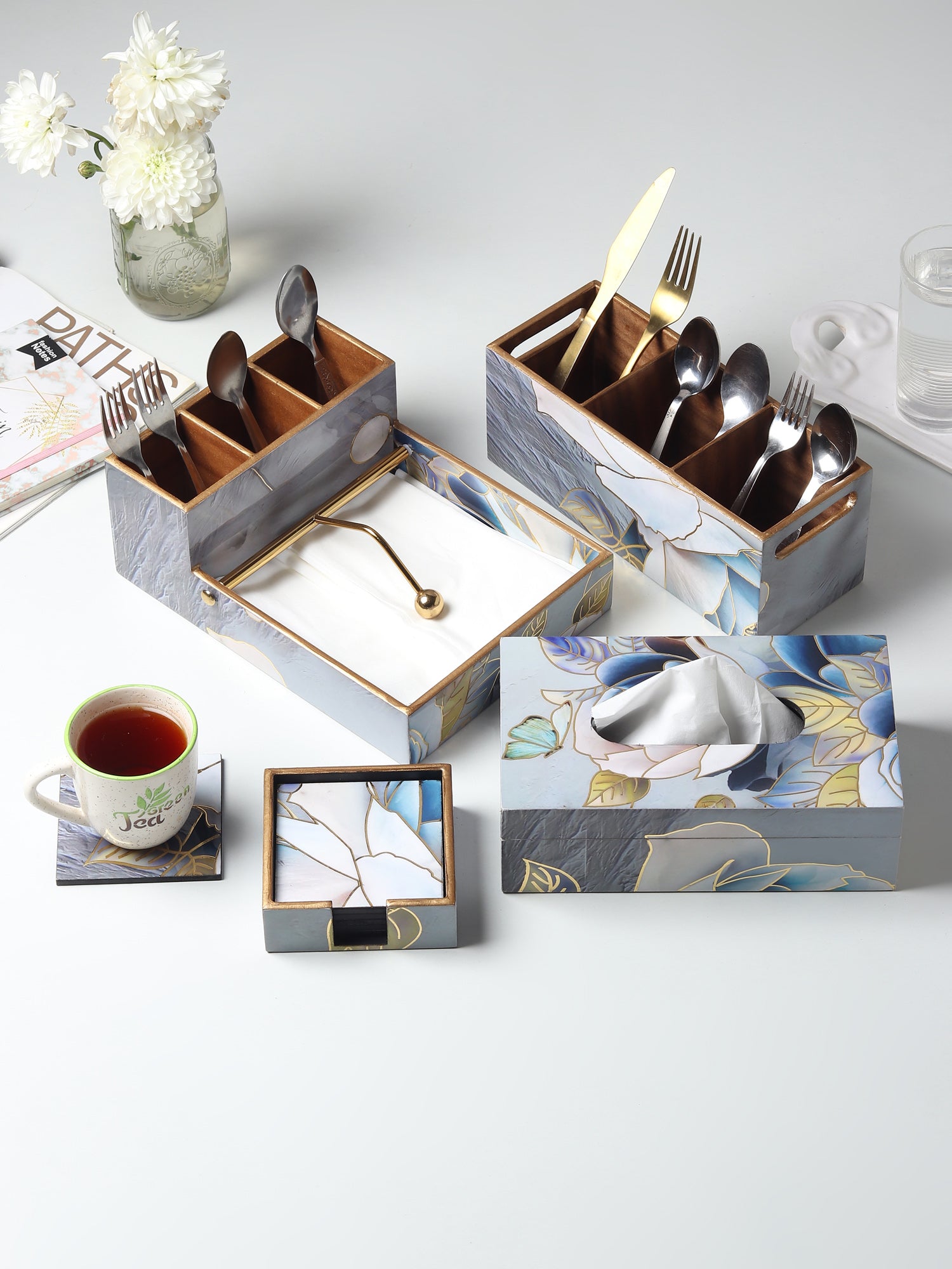 Azure Whisper Wooden Coaster with Stand (Set of 6)