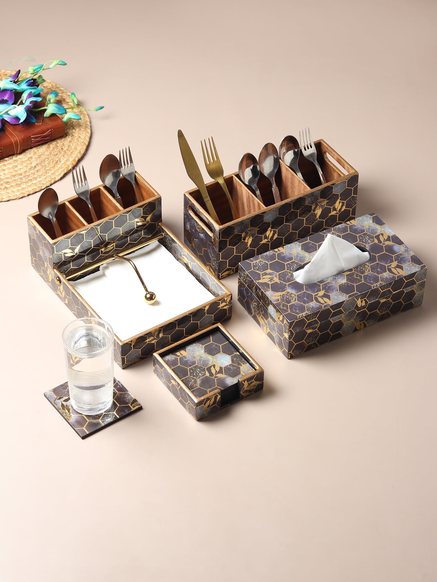 Gilded Hive Wooden Coaster with Stand Set of 6