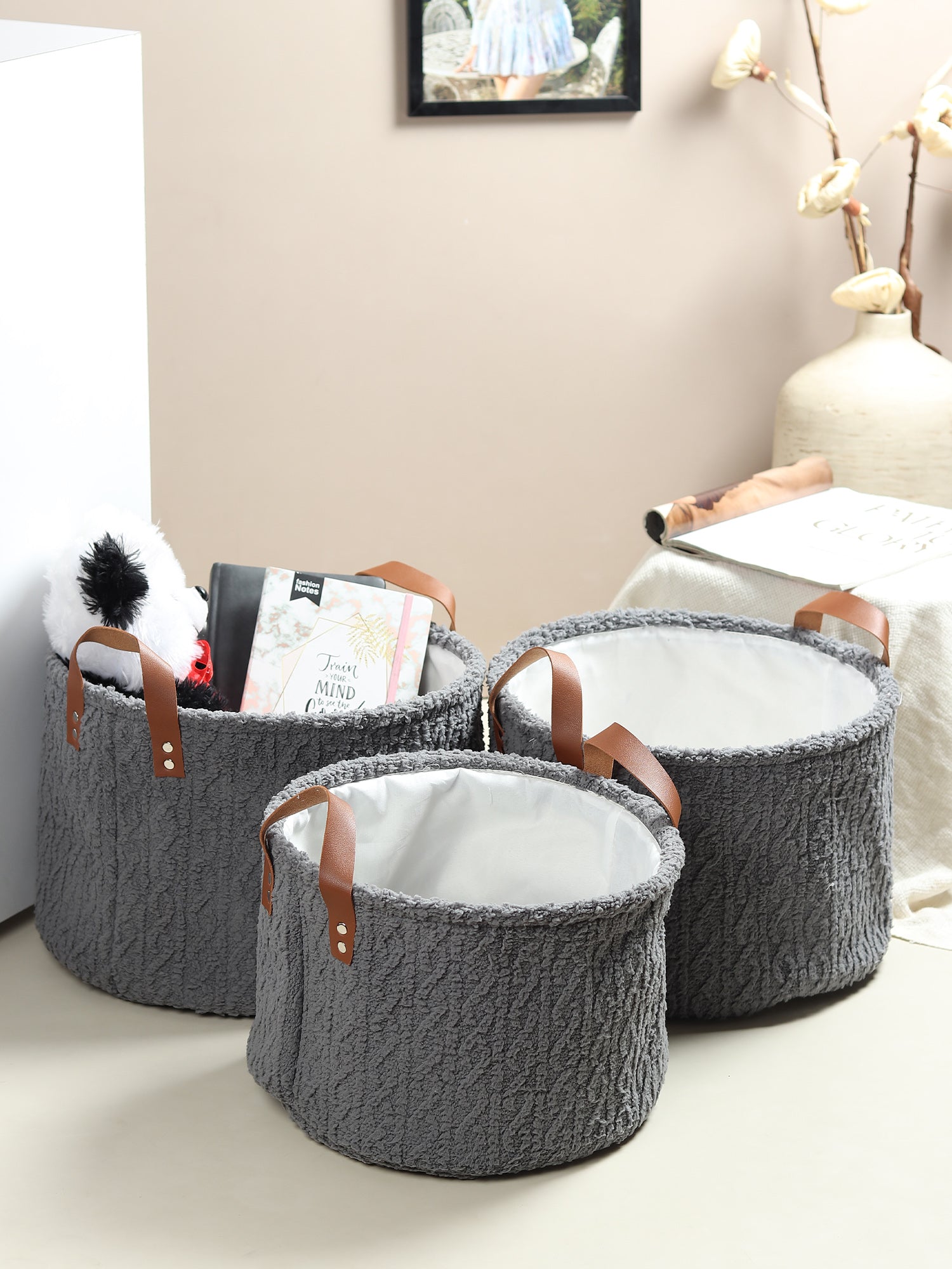 Leni Ash Grey fabric Storage Basket set of 3