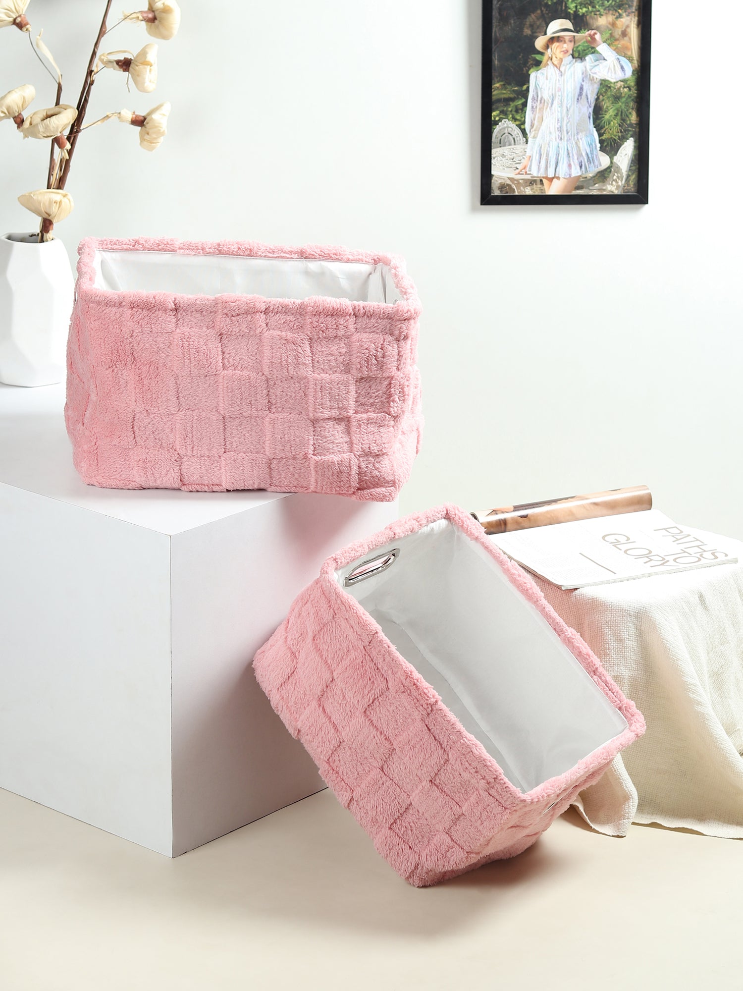 Soft Grid Plush fabric Storage Basket Blush Pink Set of 2