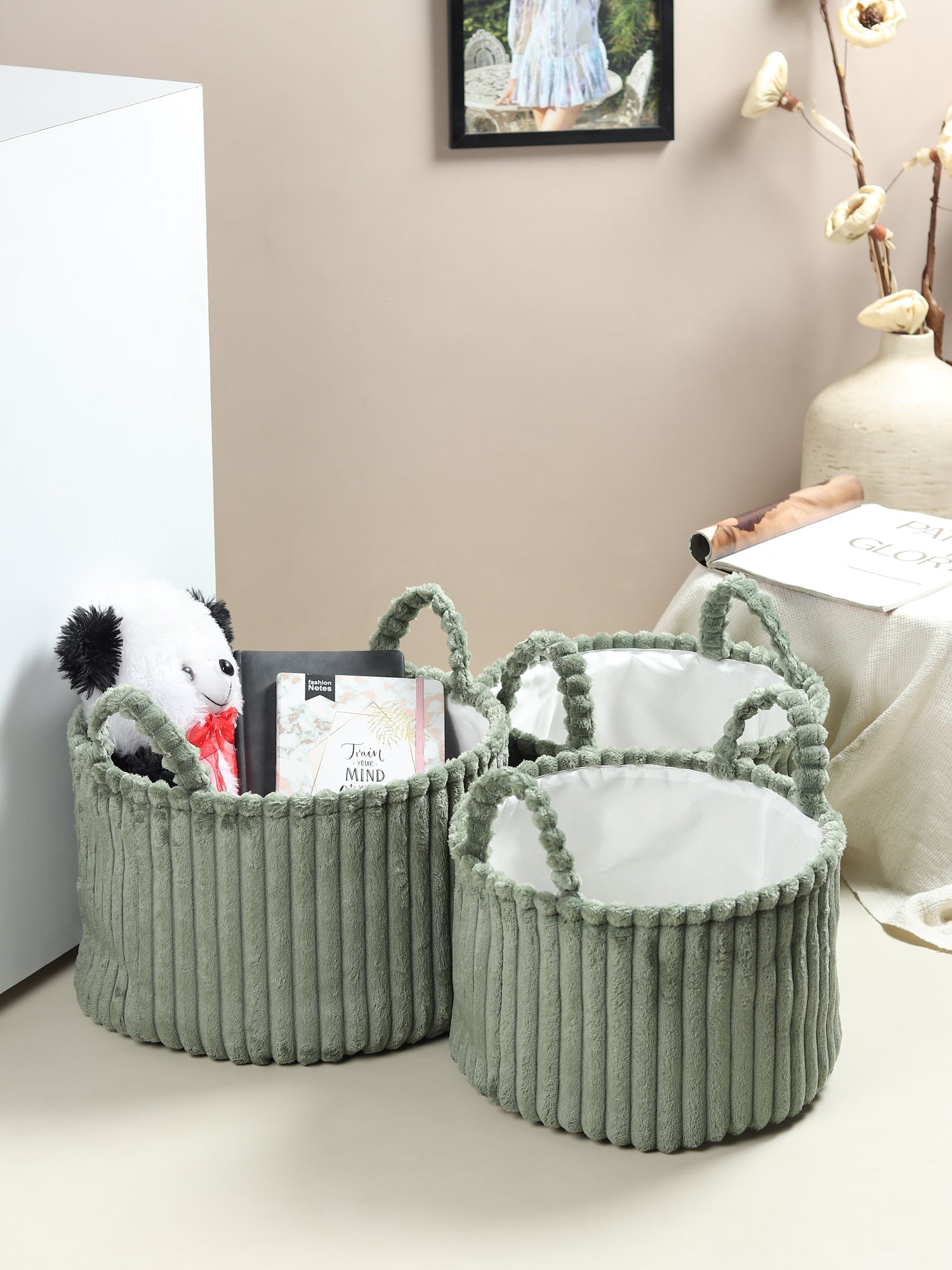 Cloud weave cloth fabric Storage Basket Squashy Green Set of 3