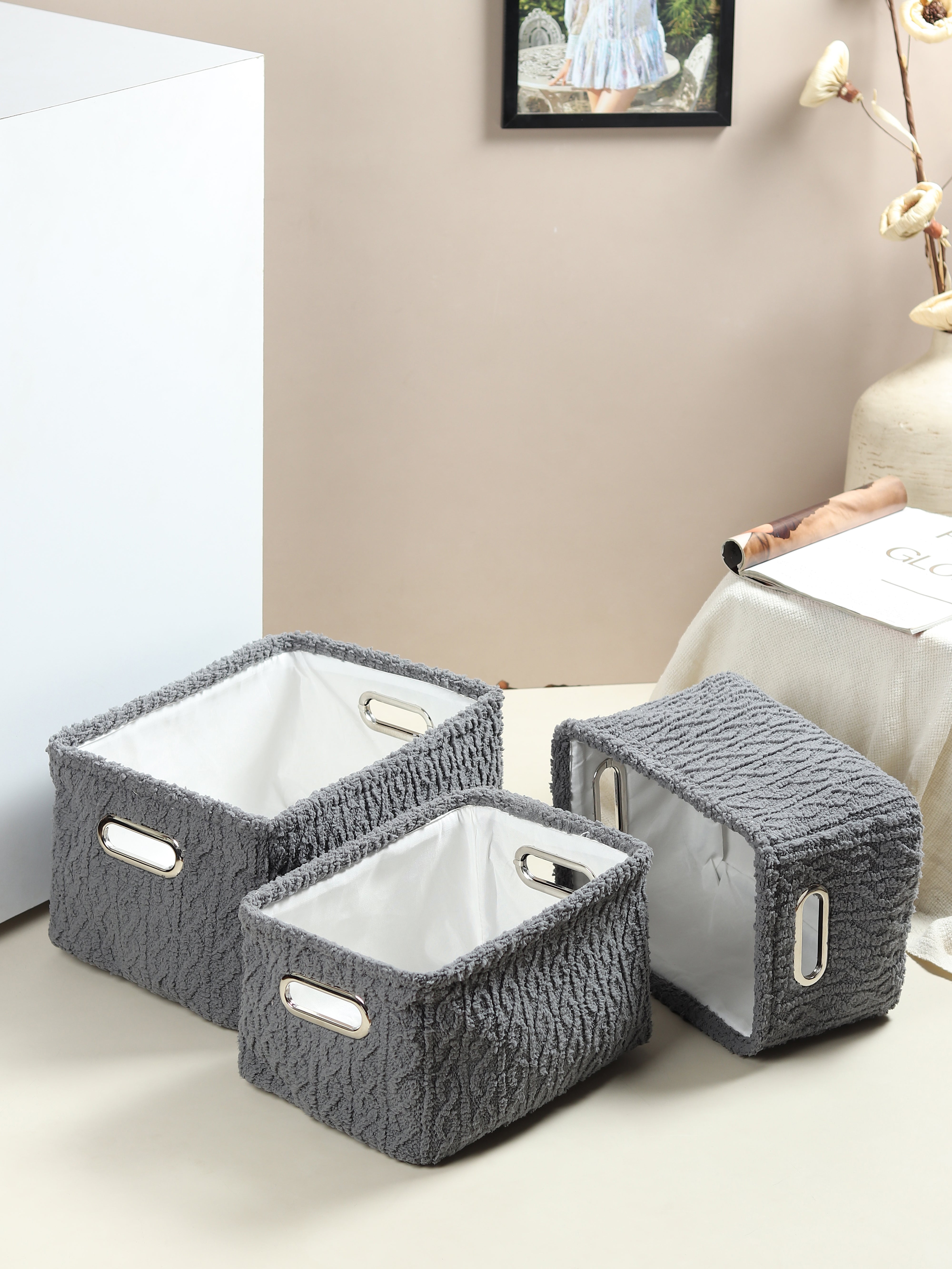 Warm Whirl Ash Grey fabric Storage Basket set of 3