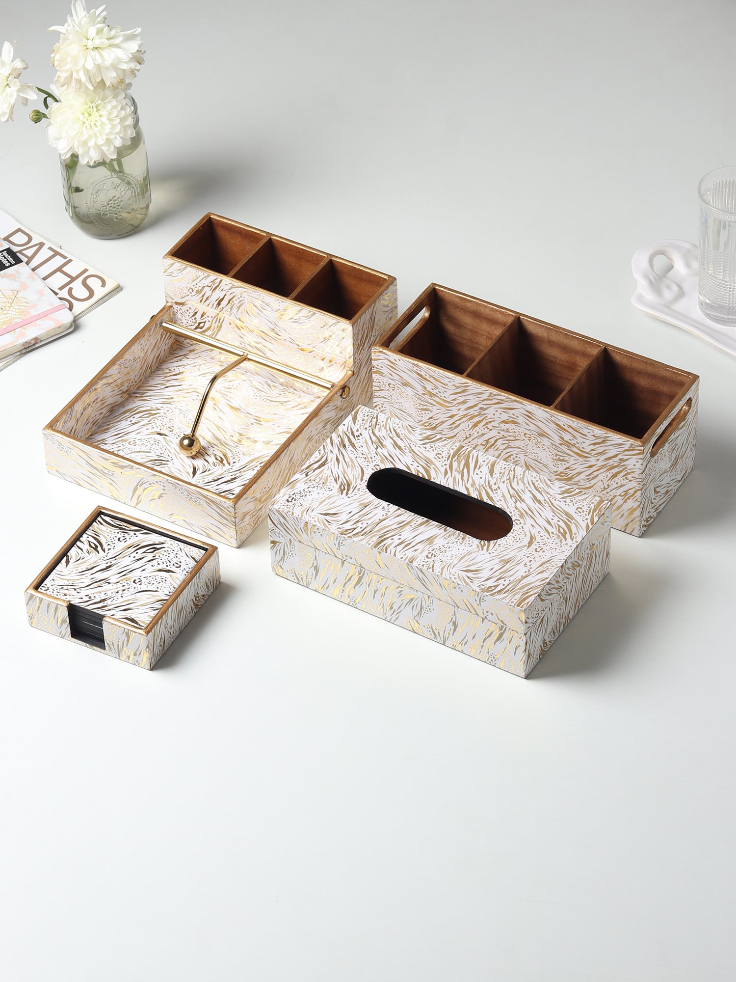 Zivra Gold Wooden Coaster with Stand (Set of 6)