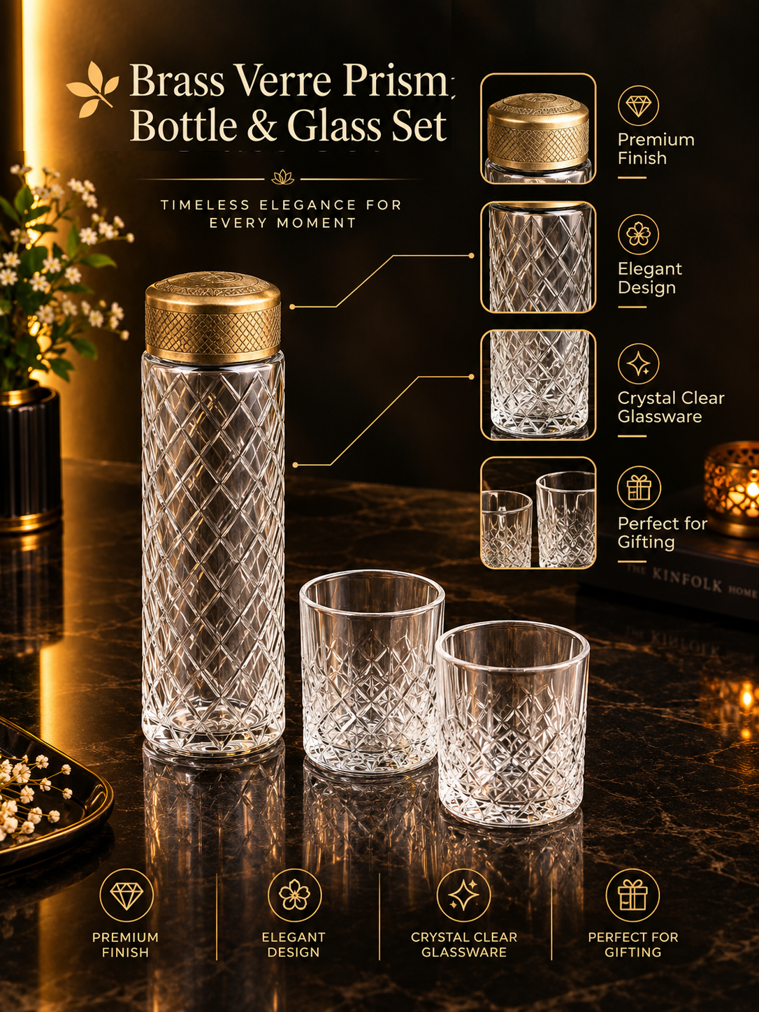 Brass Verre Prism Bottle & Glass Set