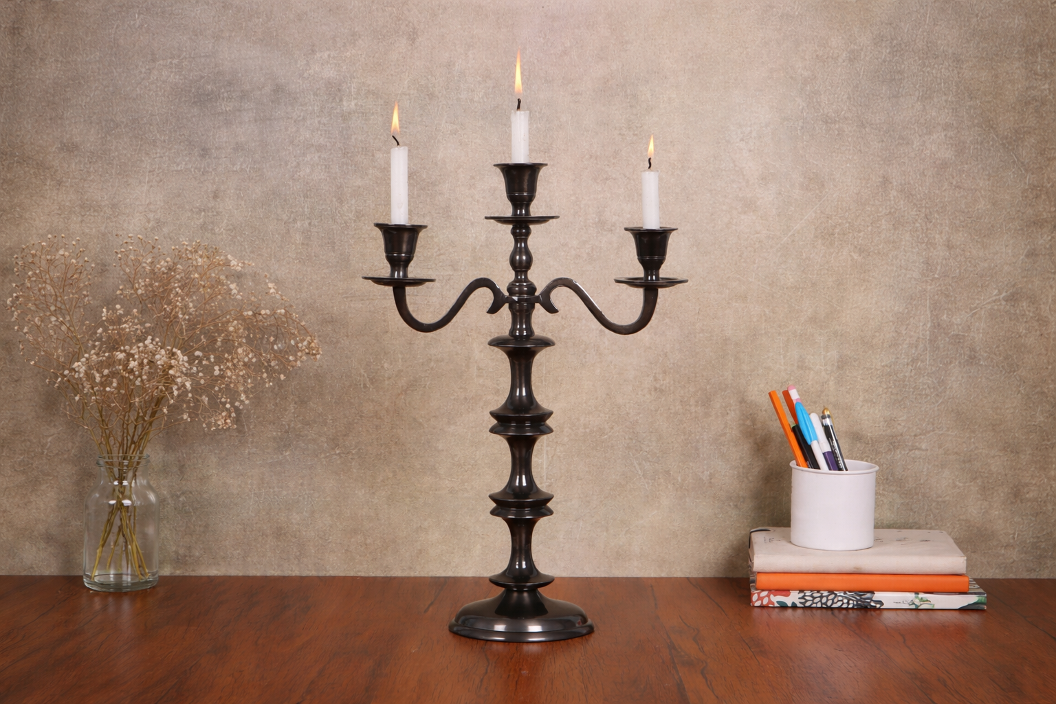 Imperium Crested 3-Arm Black  Candleholder