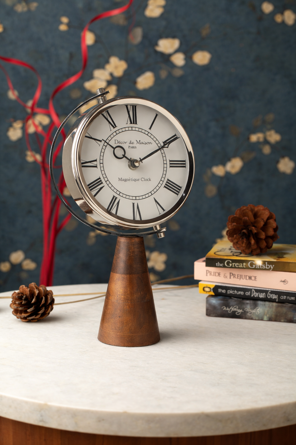 Brown Wood's Pedestal Clock in Reflective Silver