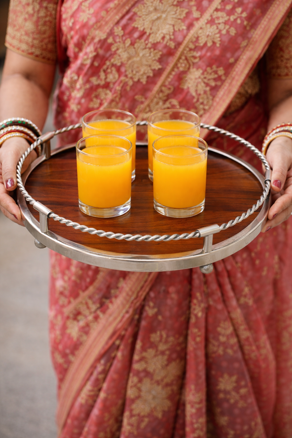 Brown Wood & Aluminium  Round Sheesham  Serving Tray