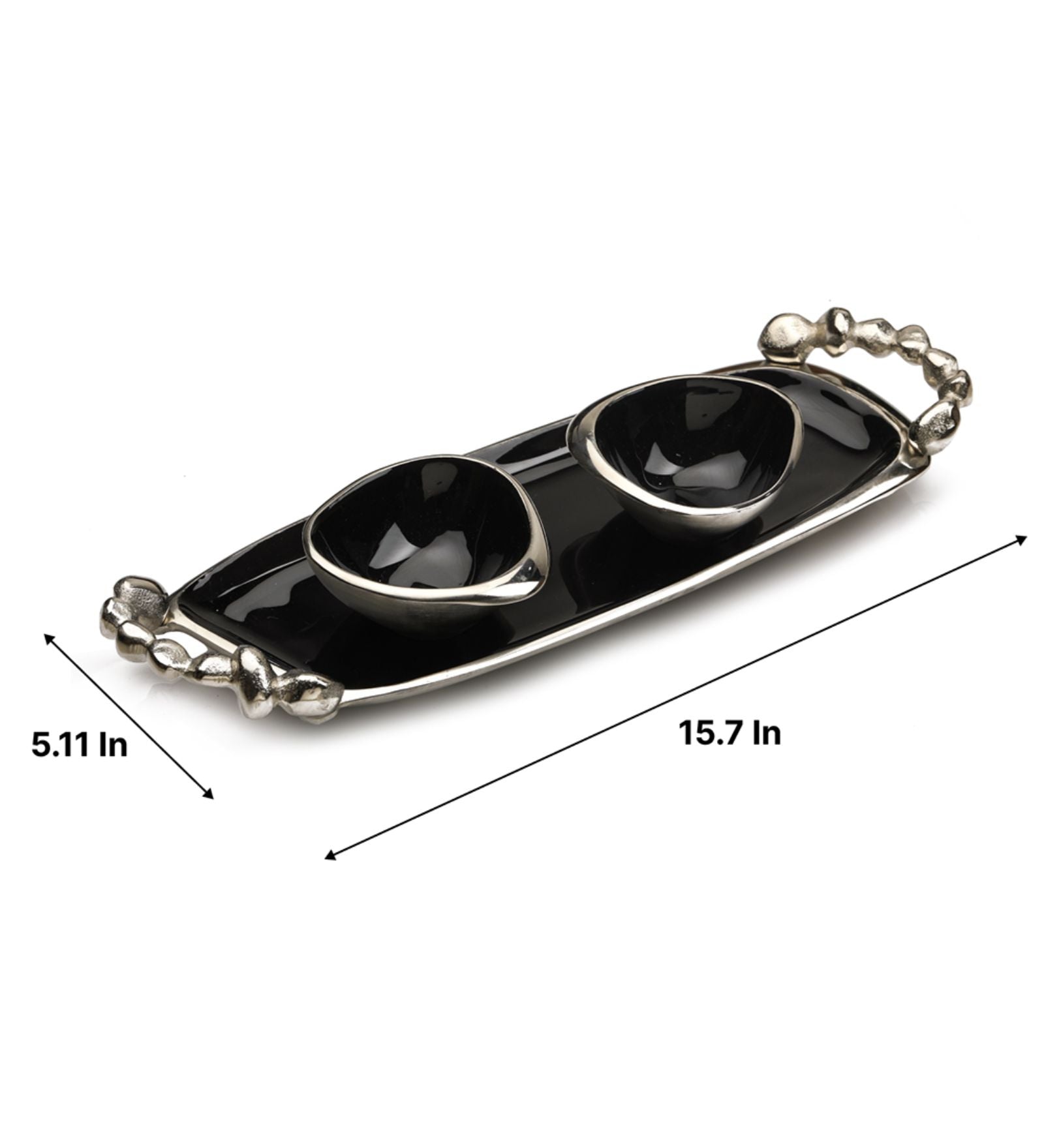 Stones Serving ware Jet Black enamle - Tray & Bowls Set Silver