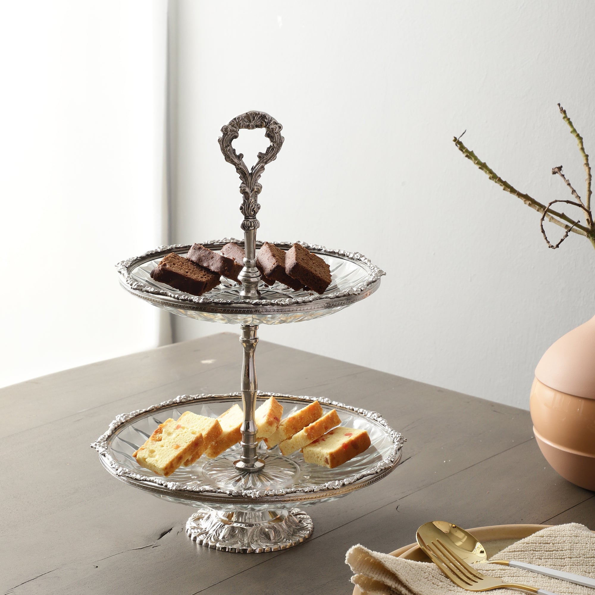 Crystal Spike Double Cake stand in silver