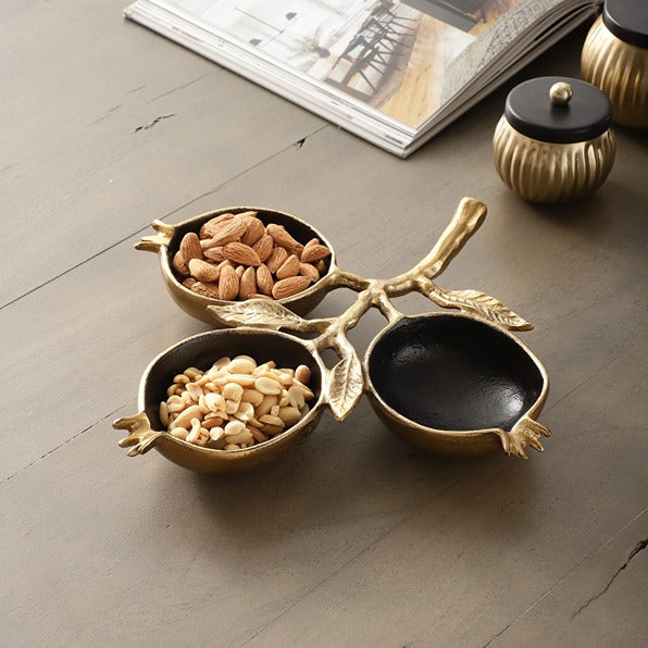 Pomegranate Metal three Leaf Platter in Gold Black
