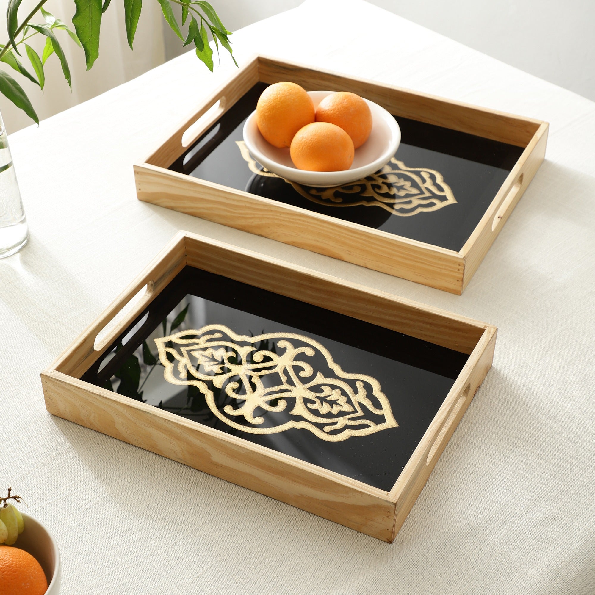 Zamora Embossed Glass Tray Set of 2 - Black