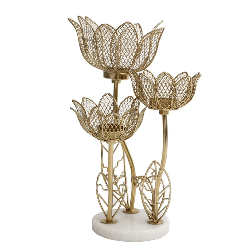 Lotus triple-T-light candle stand with Marble base