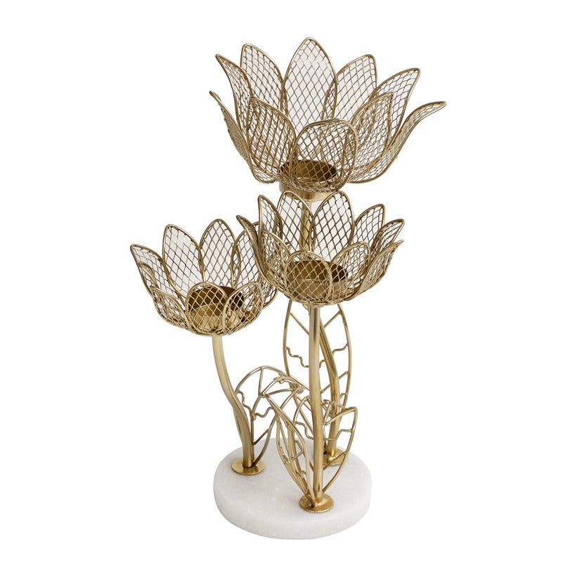 Lotus triple-T-light candle stand with Marble base