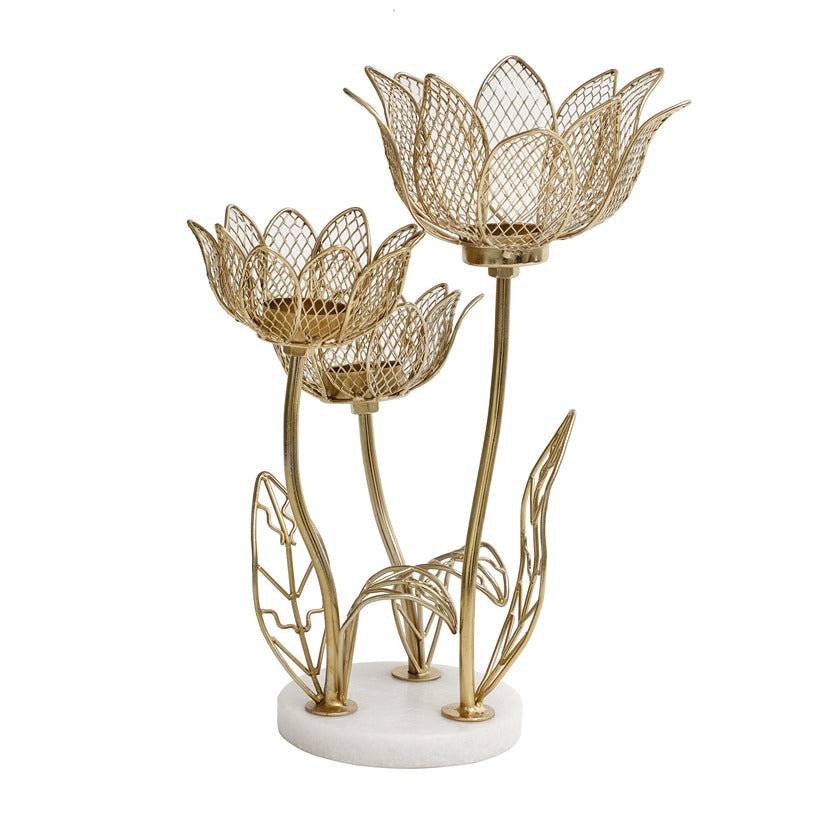 Lotus triple-T-light candle stand with Marble base