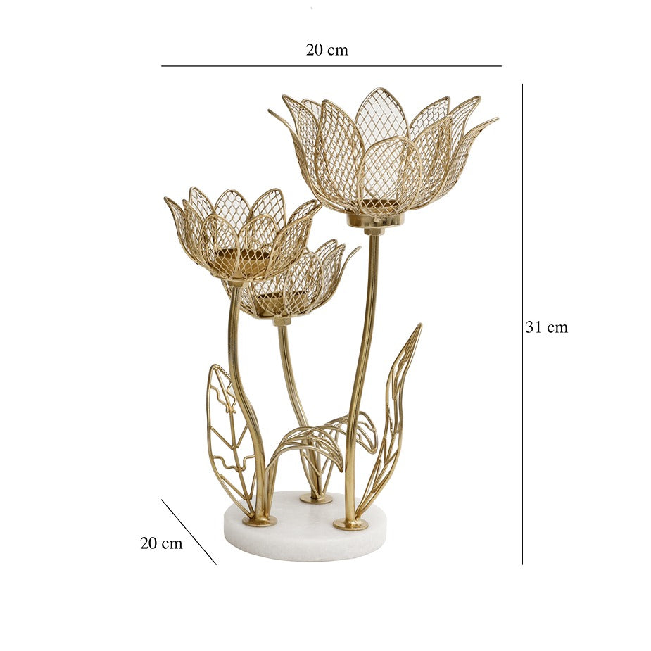 Lotus triple-T-light candle stand with Marble base