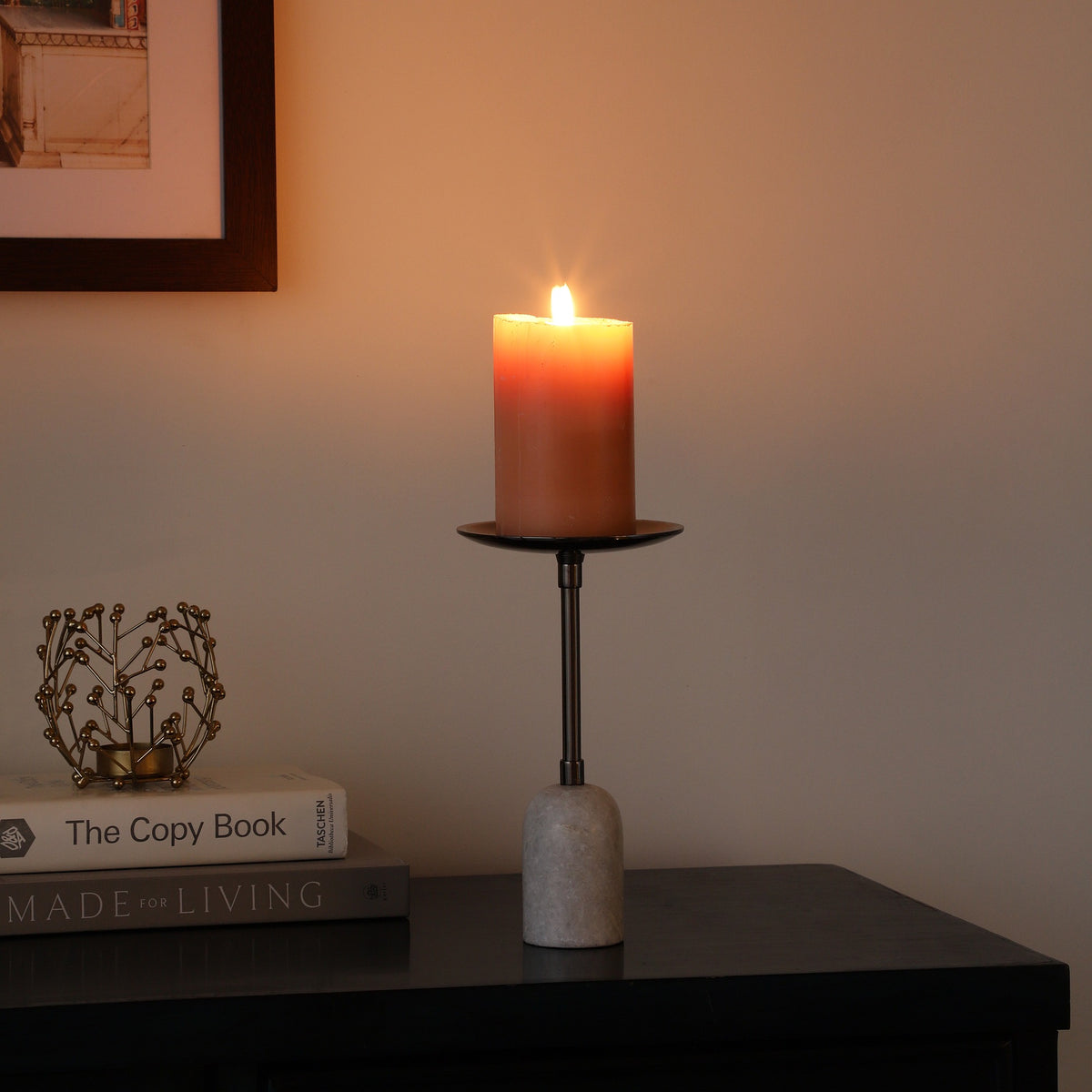 Marble Pillar Candle Medium Stand In Black
