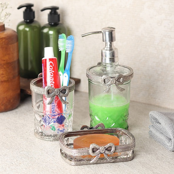 Antique Bow-Tied Glass Bathroom  Silver Set