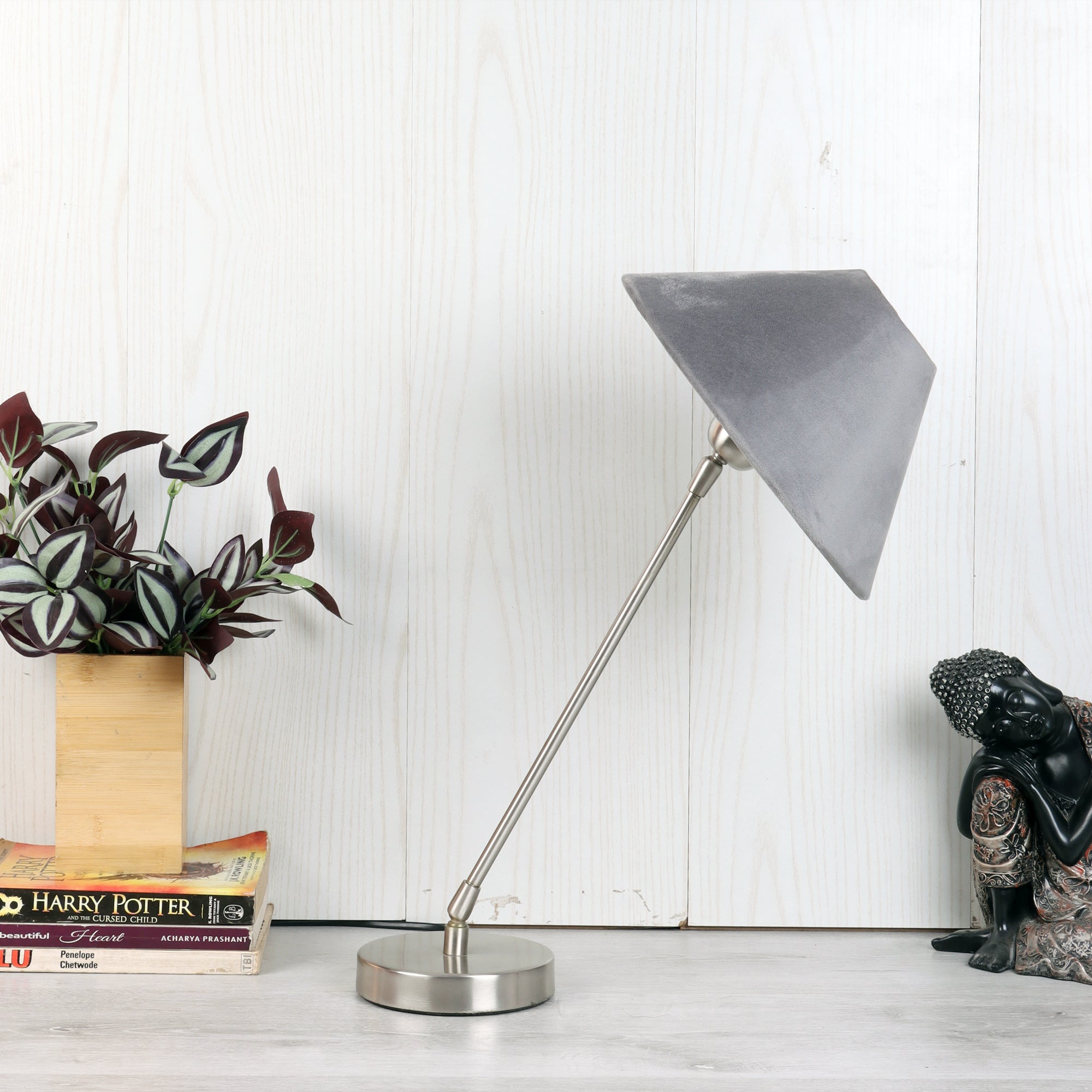 The "Small Silver MJ  Lamp" with Grey velvet shade