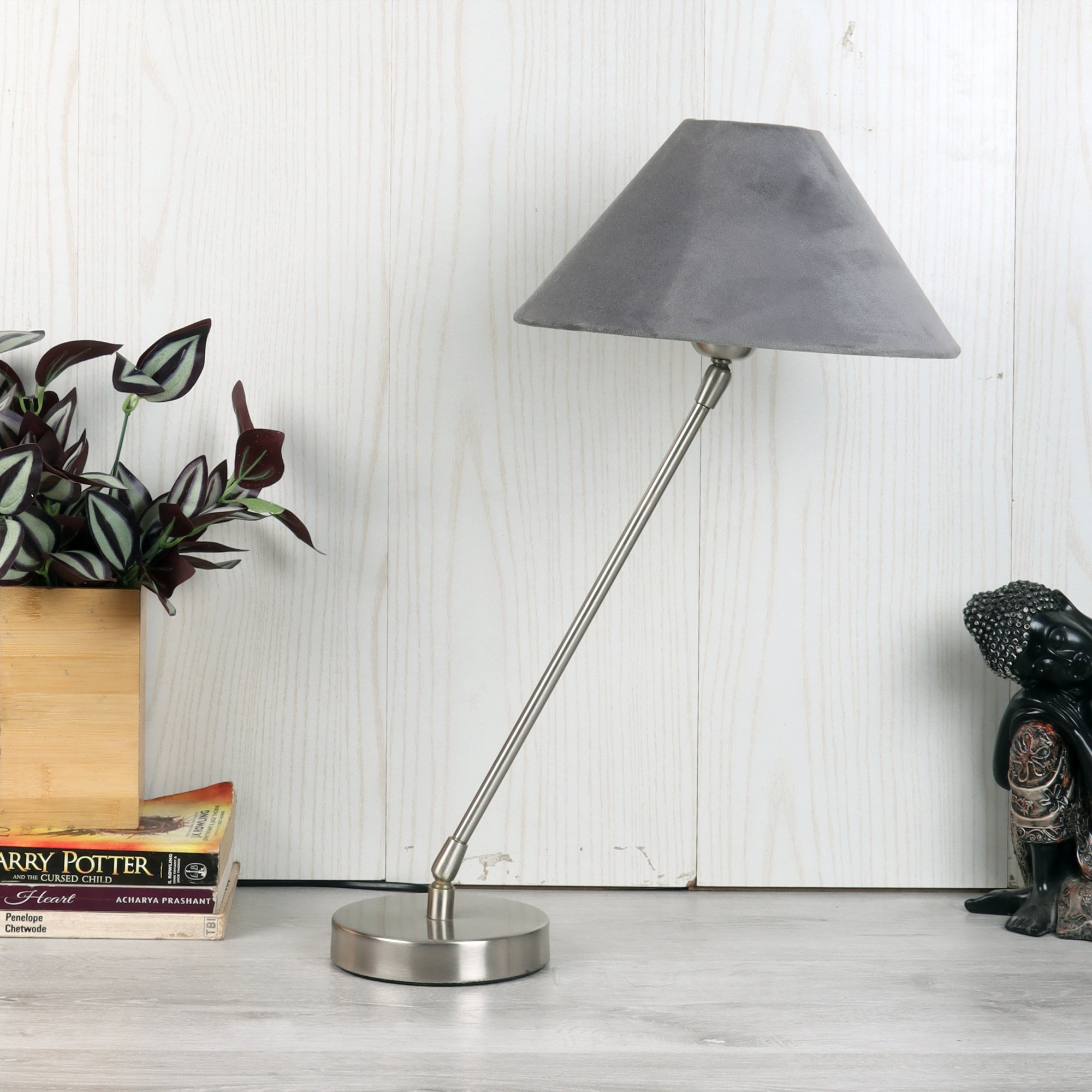 The "Small Silver MJ  Lamp" with Grey velvet shade