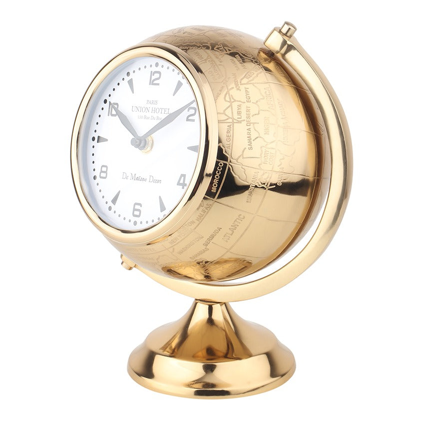 The Etched World Table Clock in gold