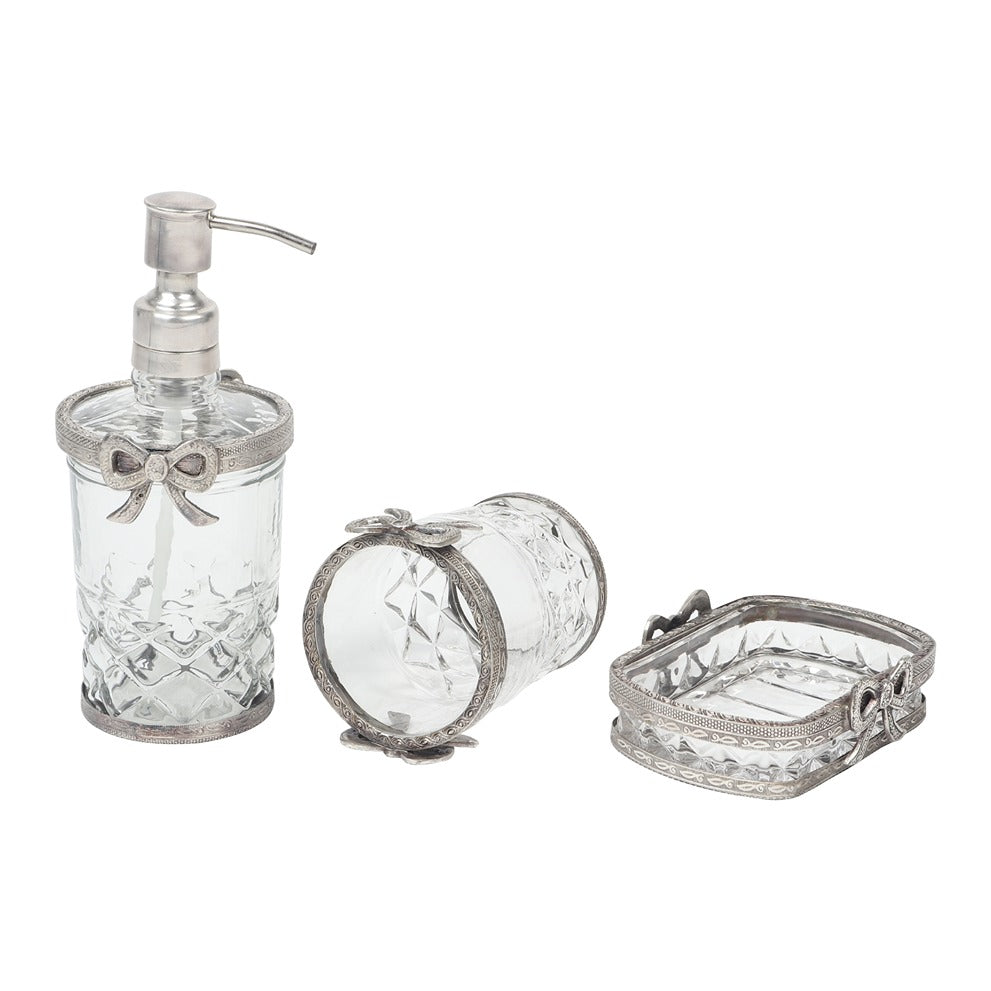 Antique Bow-Tied Glass Bathroom  Silver Set