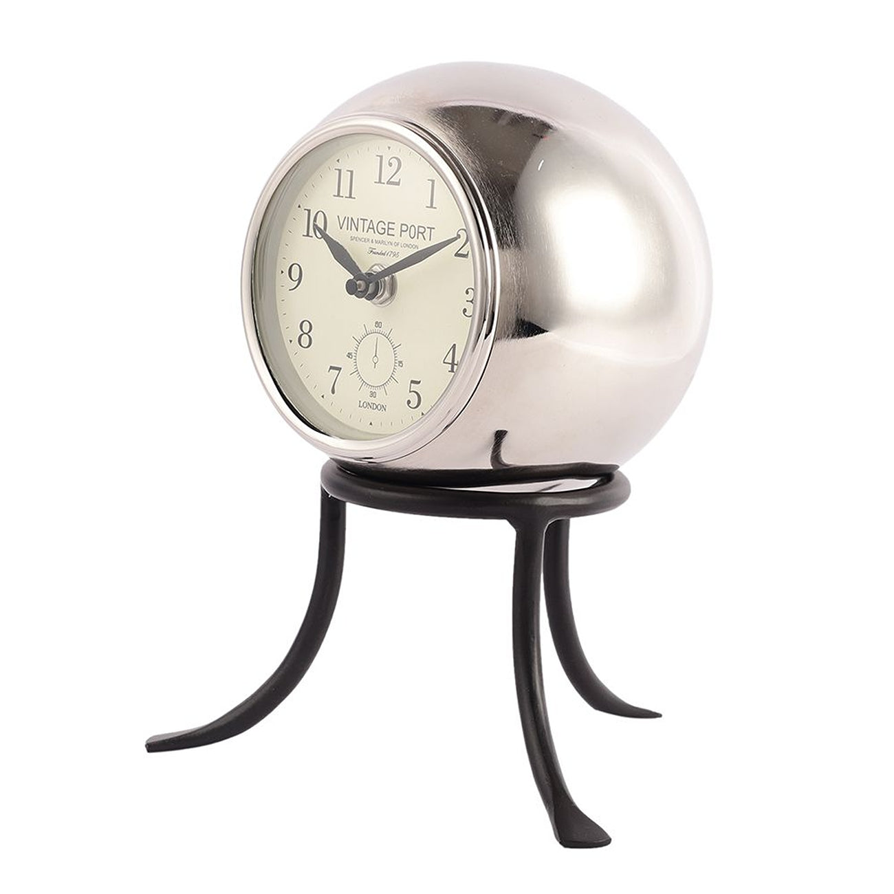 Seated Sphere Table Clock in Silver & Black Colour