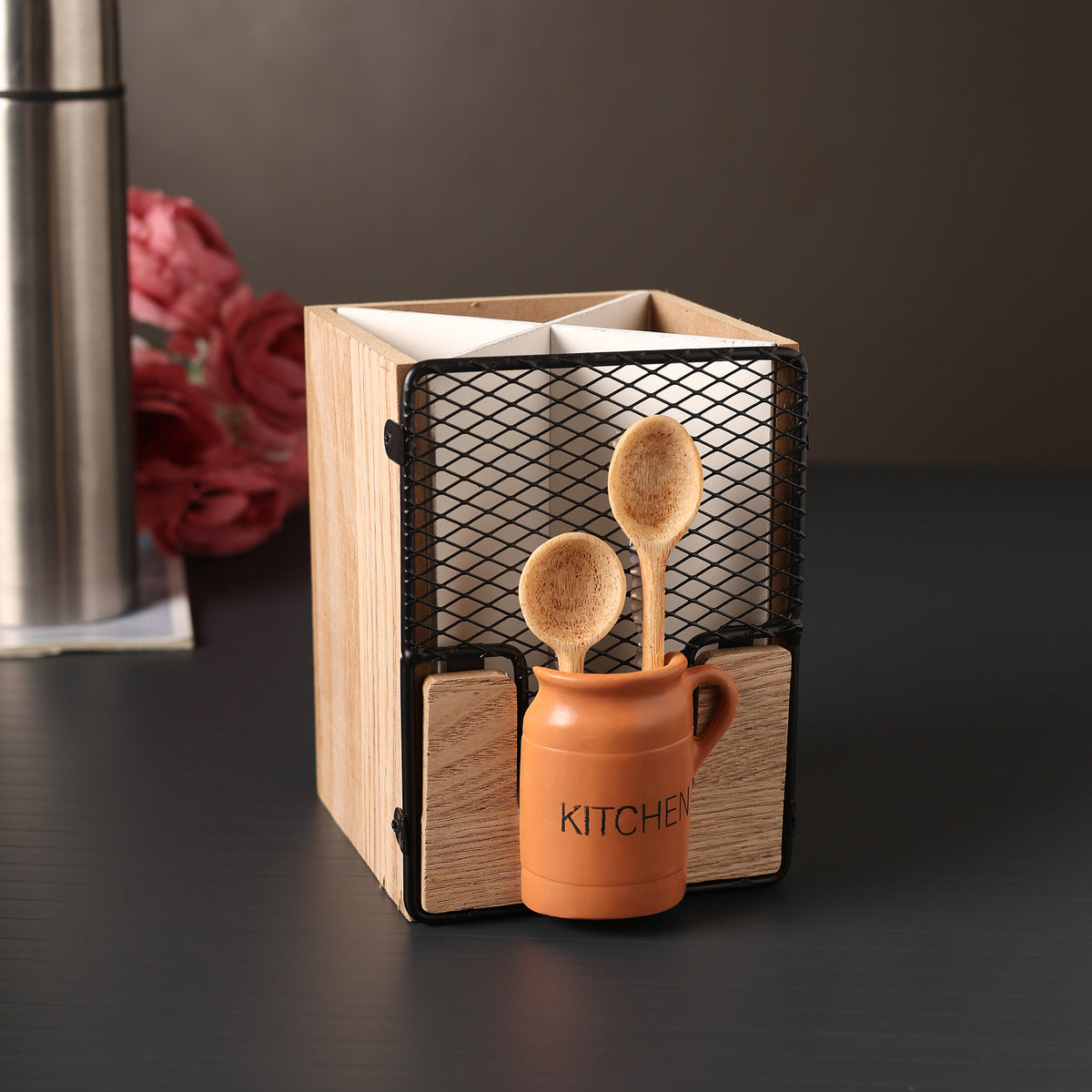 Pantry Kitchenette Wooden Cutlery Caddy