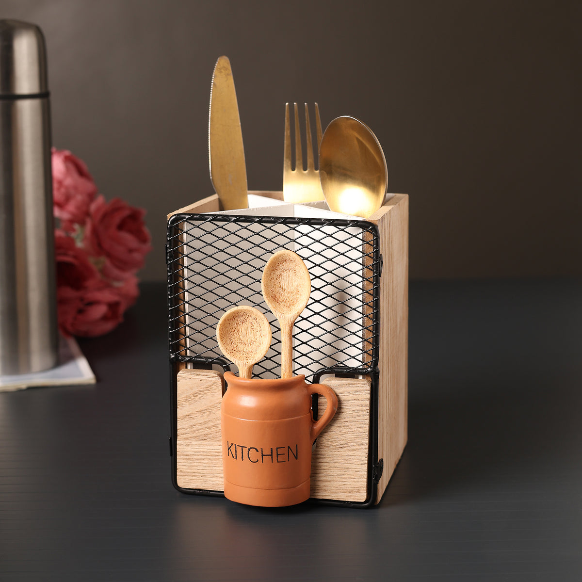 Pantry Kitchenette Wooden Cutlery Caddy