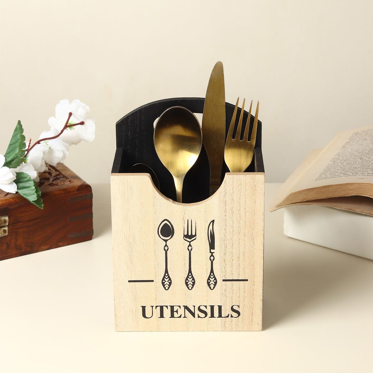 Bistro Kitchenette Wooden Cutlery Caddy