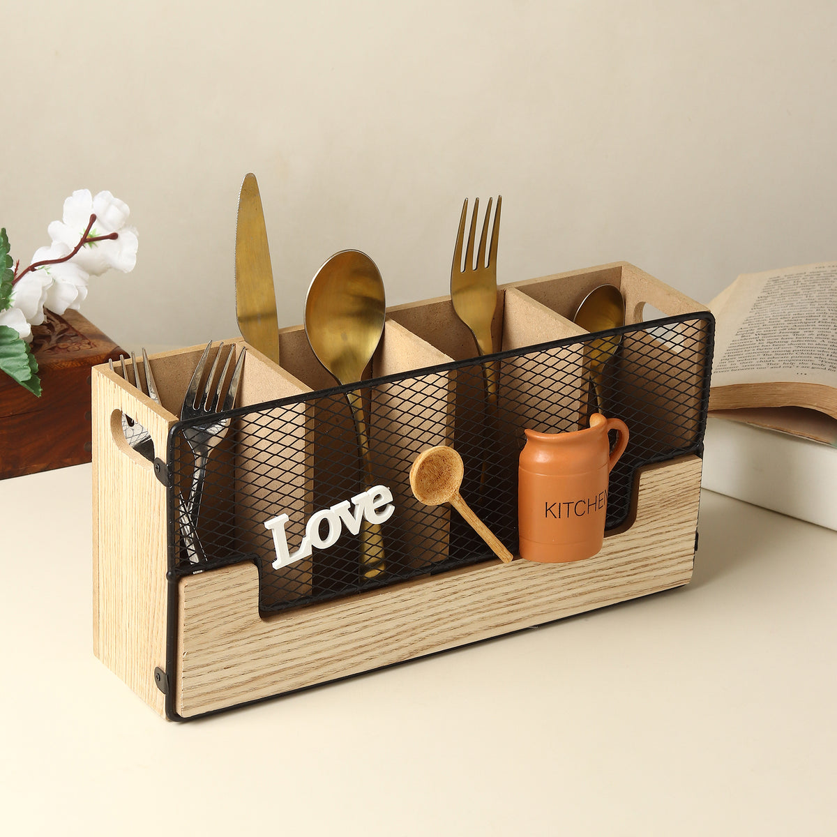 Diner Kitchenette Wooden Cutlery Caddy