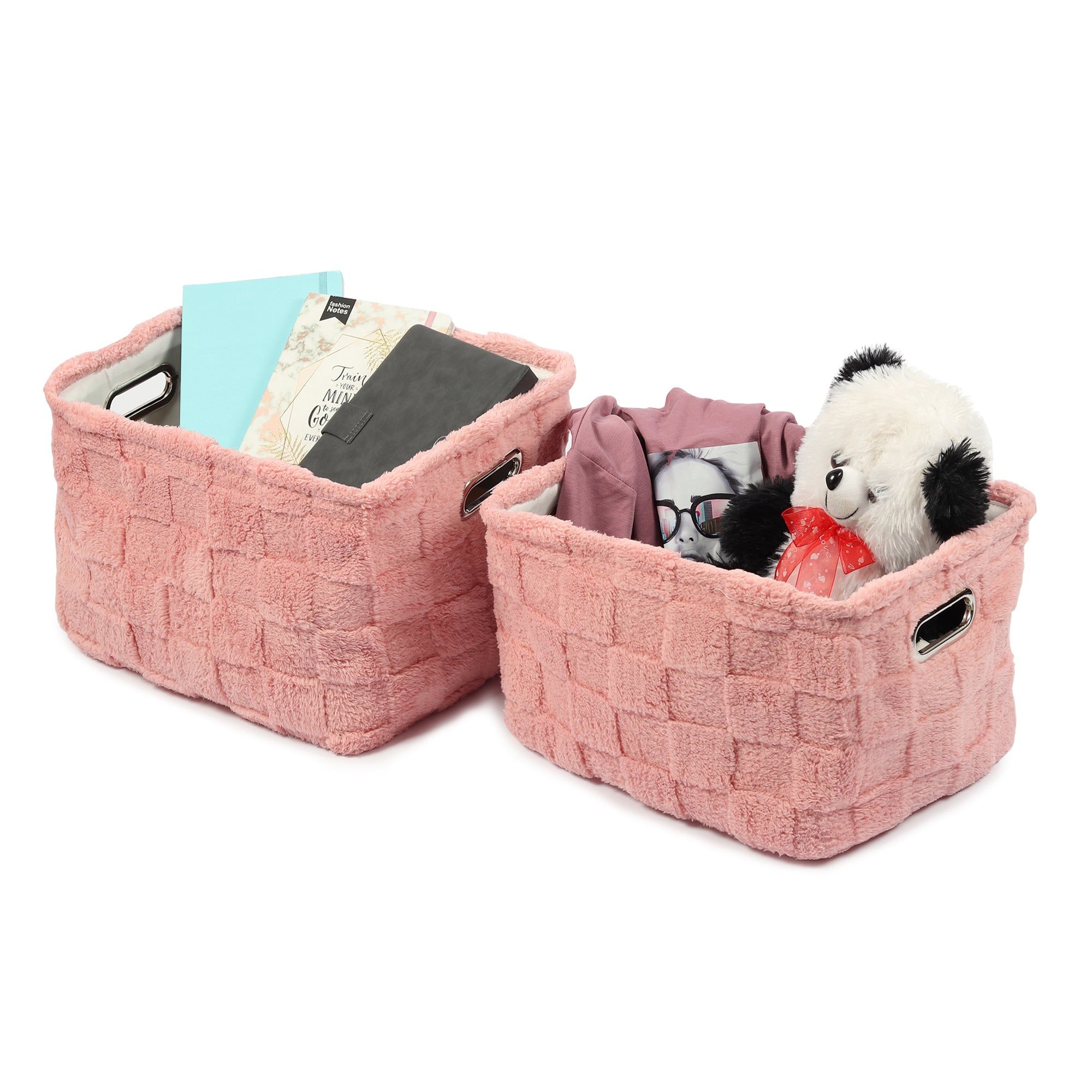 Soft Grid Plush fabric Storage Basket Blush Pink Set of 2