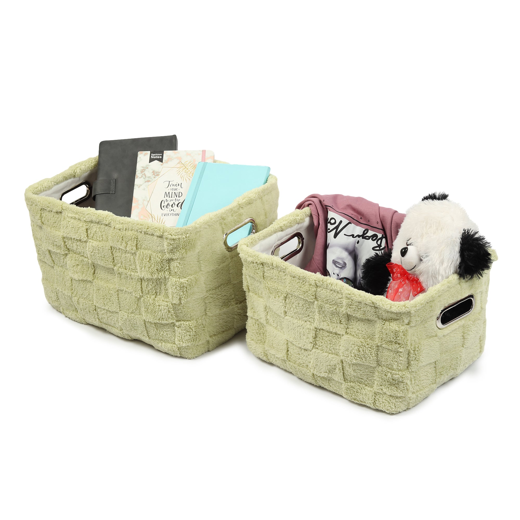 Soft Grid Plush fabric Storage Basket Sage green Set of 2