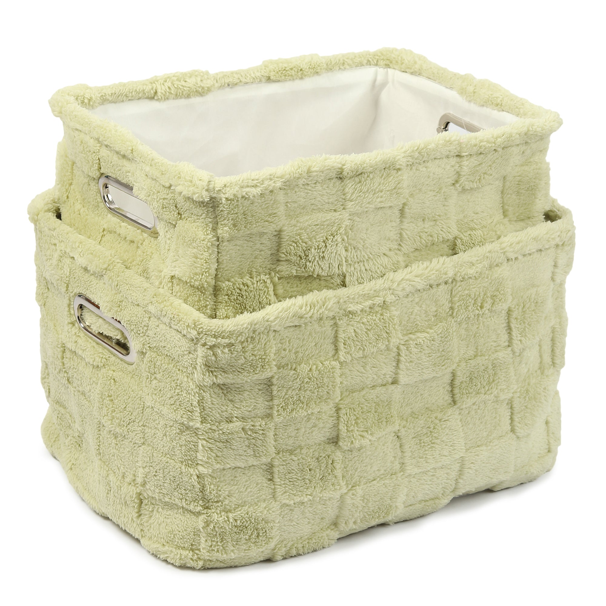 Soft Grid Plush fabric Storage Basket Sage green Set of 2