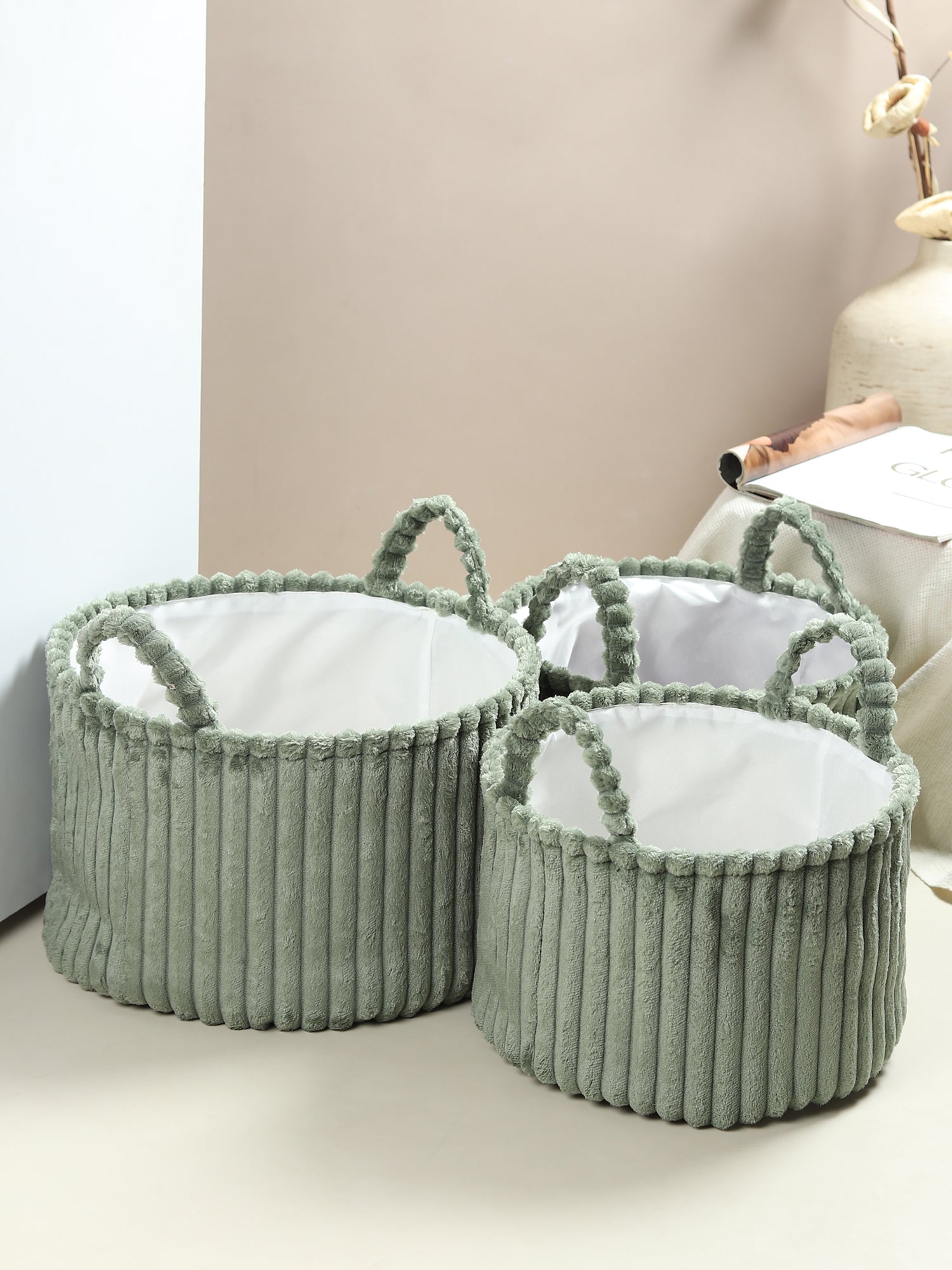 Cloud weave cloth fabric Storage Basket Squashy Green Set of 3